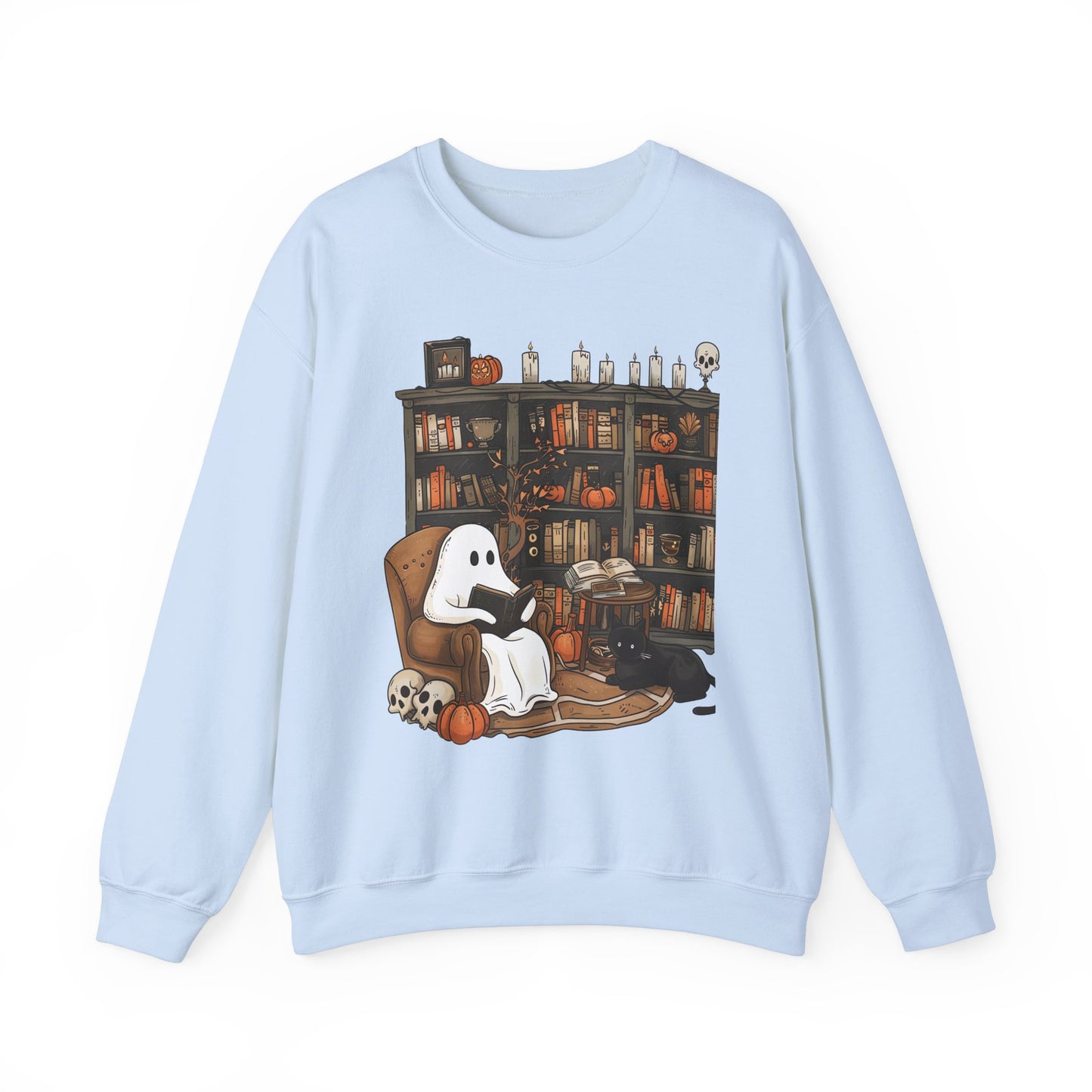 Spooky and Stylish Halloween Sweatshirt: Ghost Reading in a Vintage Bookcase