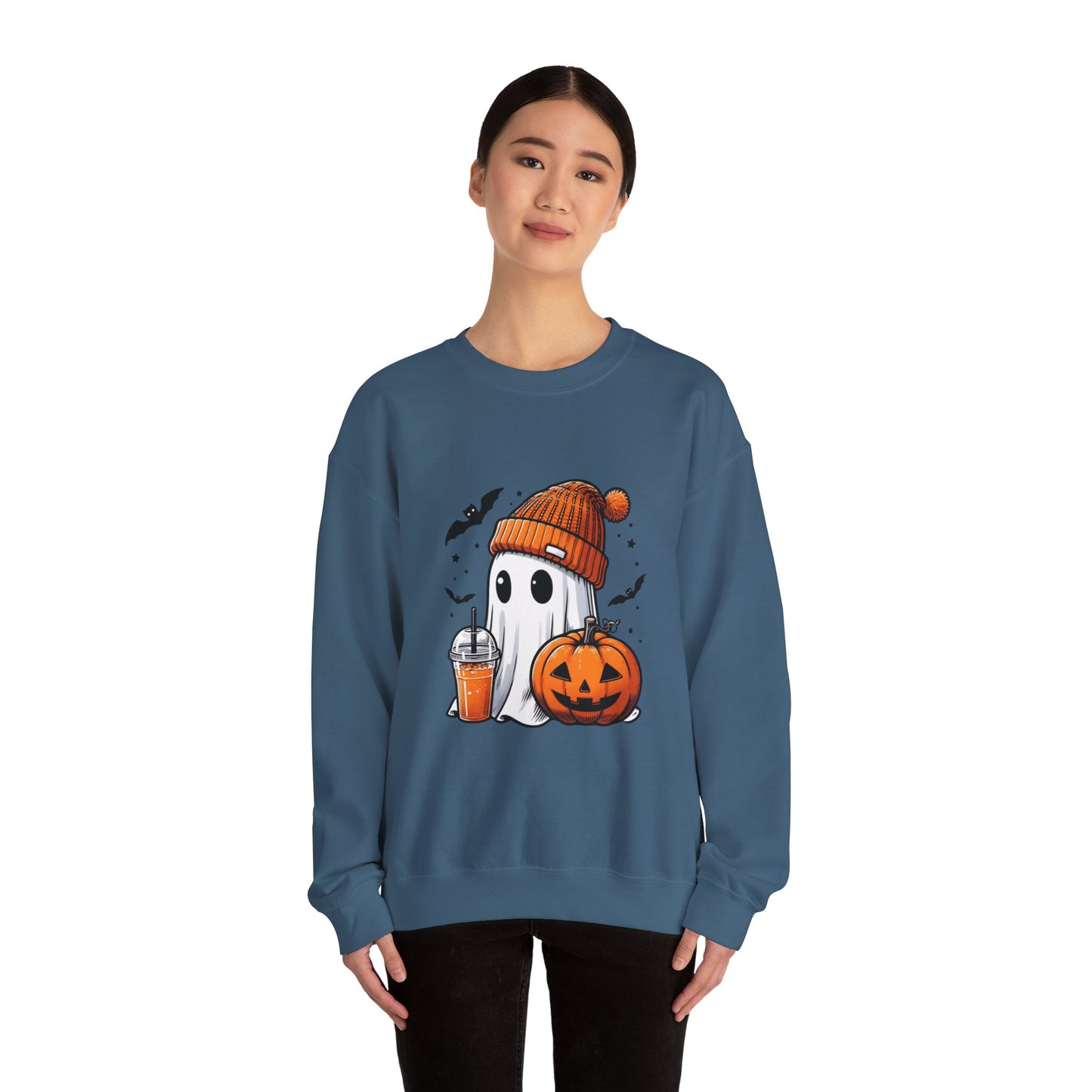 Halloween Sweatshirt with Cute Ghost Design – Cozy Unisex Crewneck for Fall