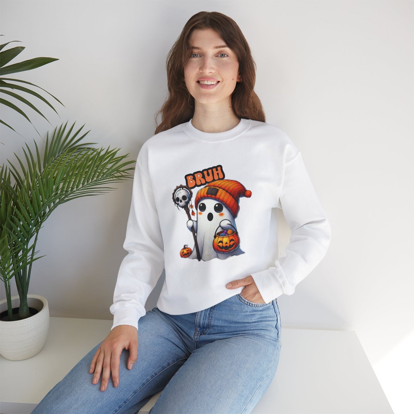 Cute Halloween Sweatshirt with 'Bruh' Ghost in Orange Beanie – Perfect for a Playful Fall Look!