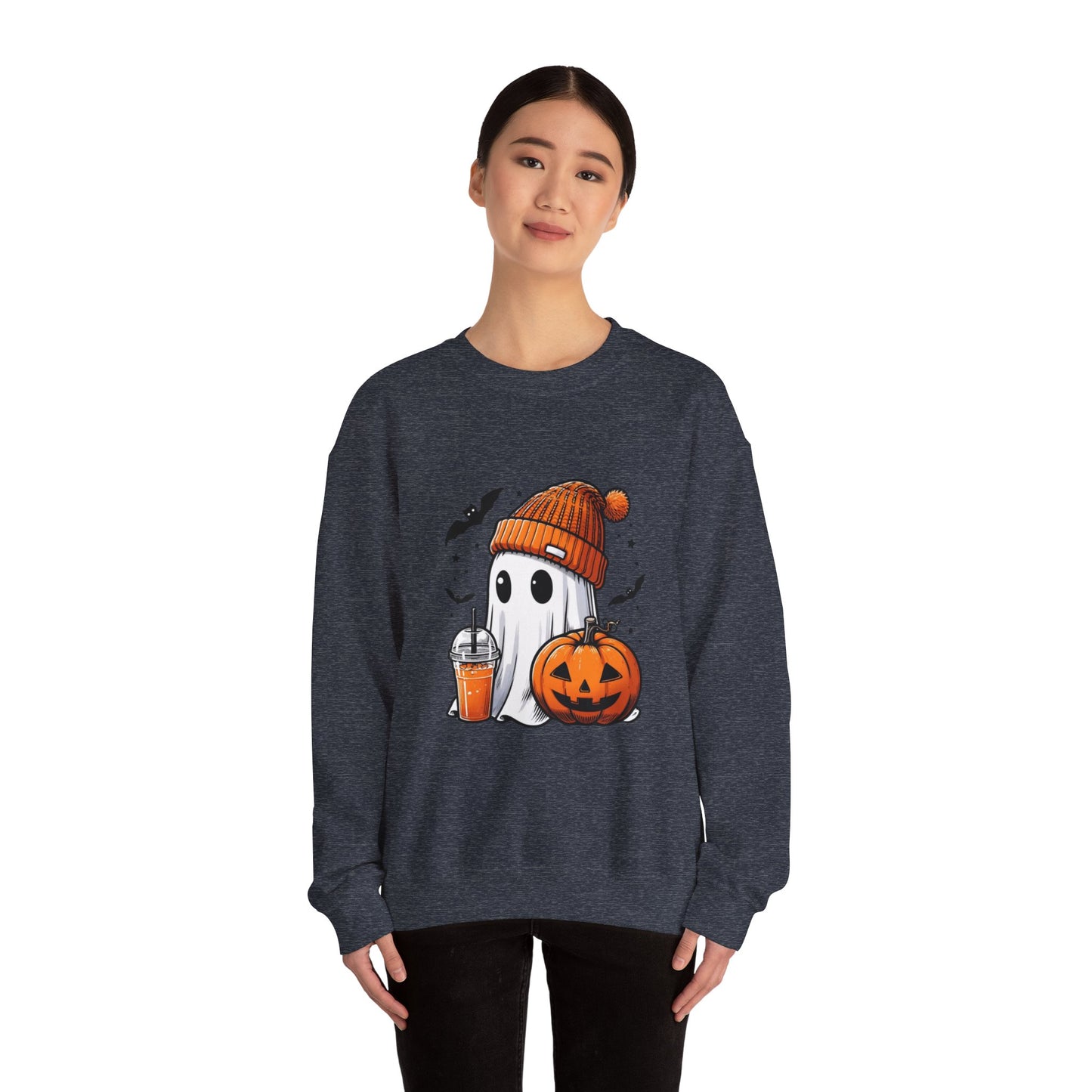 Halloween Sweatshirt with Cute Ghost Design – Cozy Unisex Crewneck for Fall