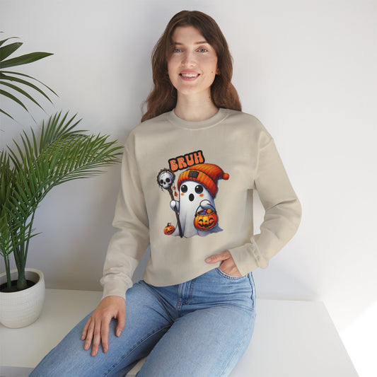 Cute Halloween Sweatshirt with 'Bruh' Ghost in Orange Beanie – Perfect for a Playful Fall Look!