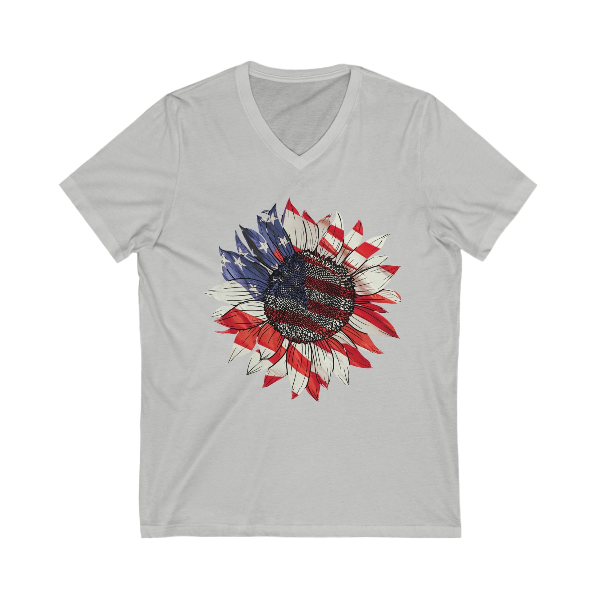 Get trendy with Sunflower American Flag Unisex Jersey Short Sleeve V-Neck Tee - V-neck available at Good Gift Company. Grab yours for $18.18 today!