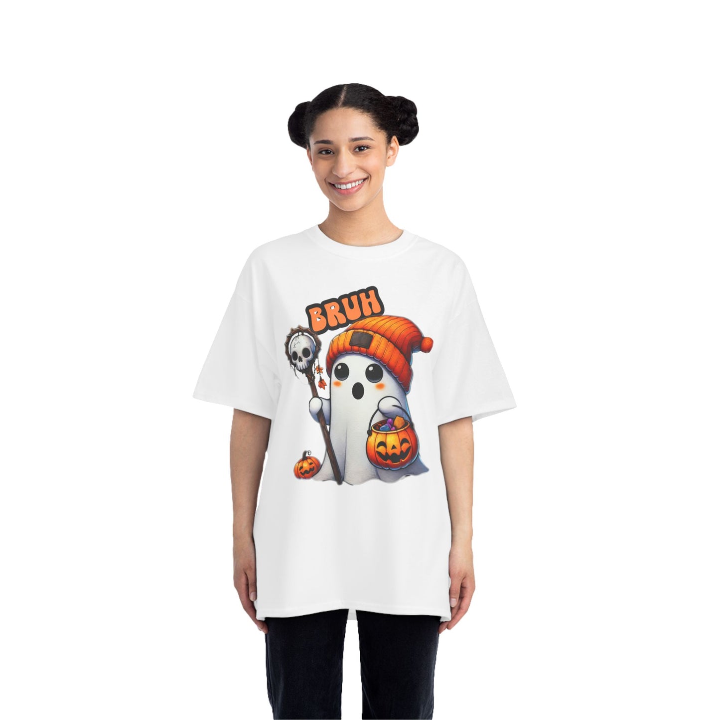 Cute Halloween Over-sized T shirt with 'Bruh' Ghost in Orange Beanie – Perfect for a Playful Fall Look!