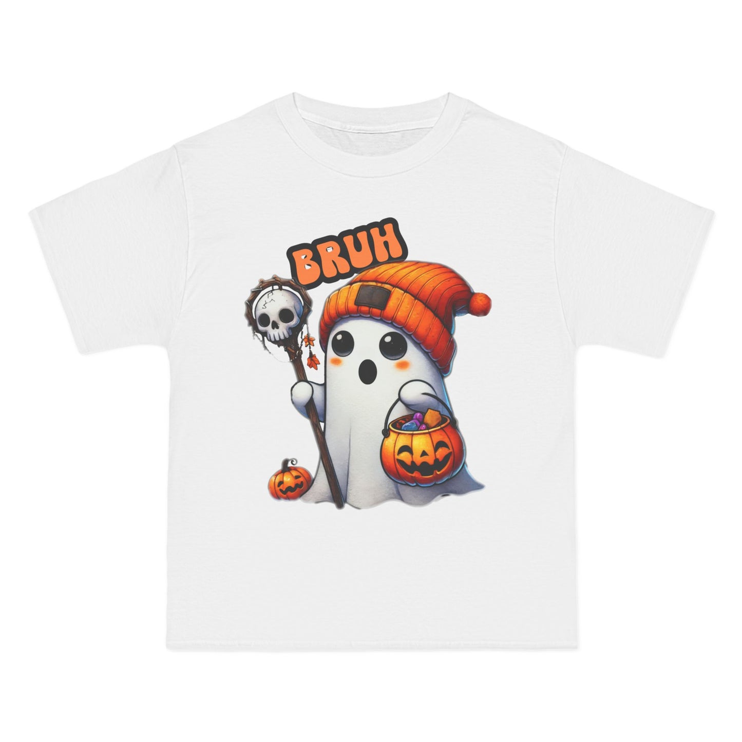 Cute Halloween Over-sized T shirt with 'Bruh' Ghost in Orange Beanie – Perfect for a Playful Fall Look!