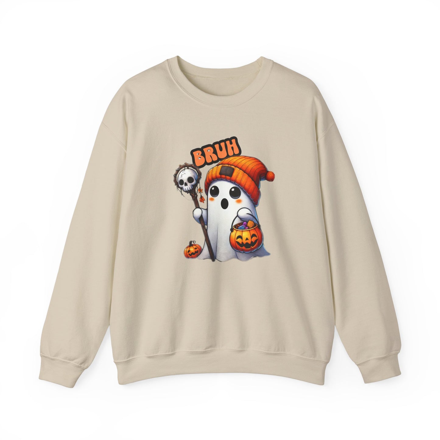 Cute Halloween Sweatshirt with 'Bruh' Ghost in Orange Beanie – Perfect for a Playful Fall Look!