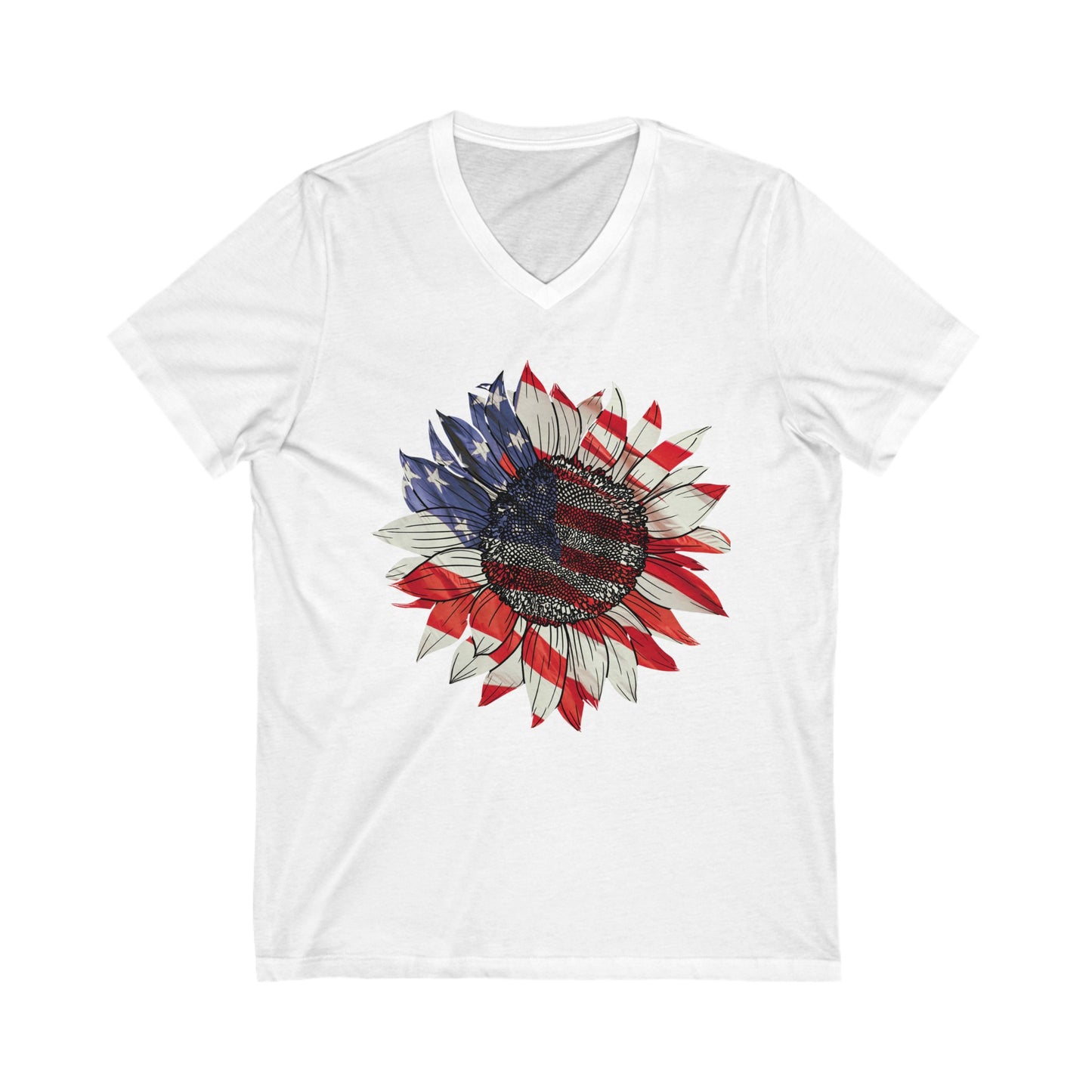 Get trendy with Sunflower American Flag Unisex Jersey Short Sleeve V-Neck Tee - V-neck available at Good Gift Company. Grab yours for $18.18 today!