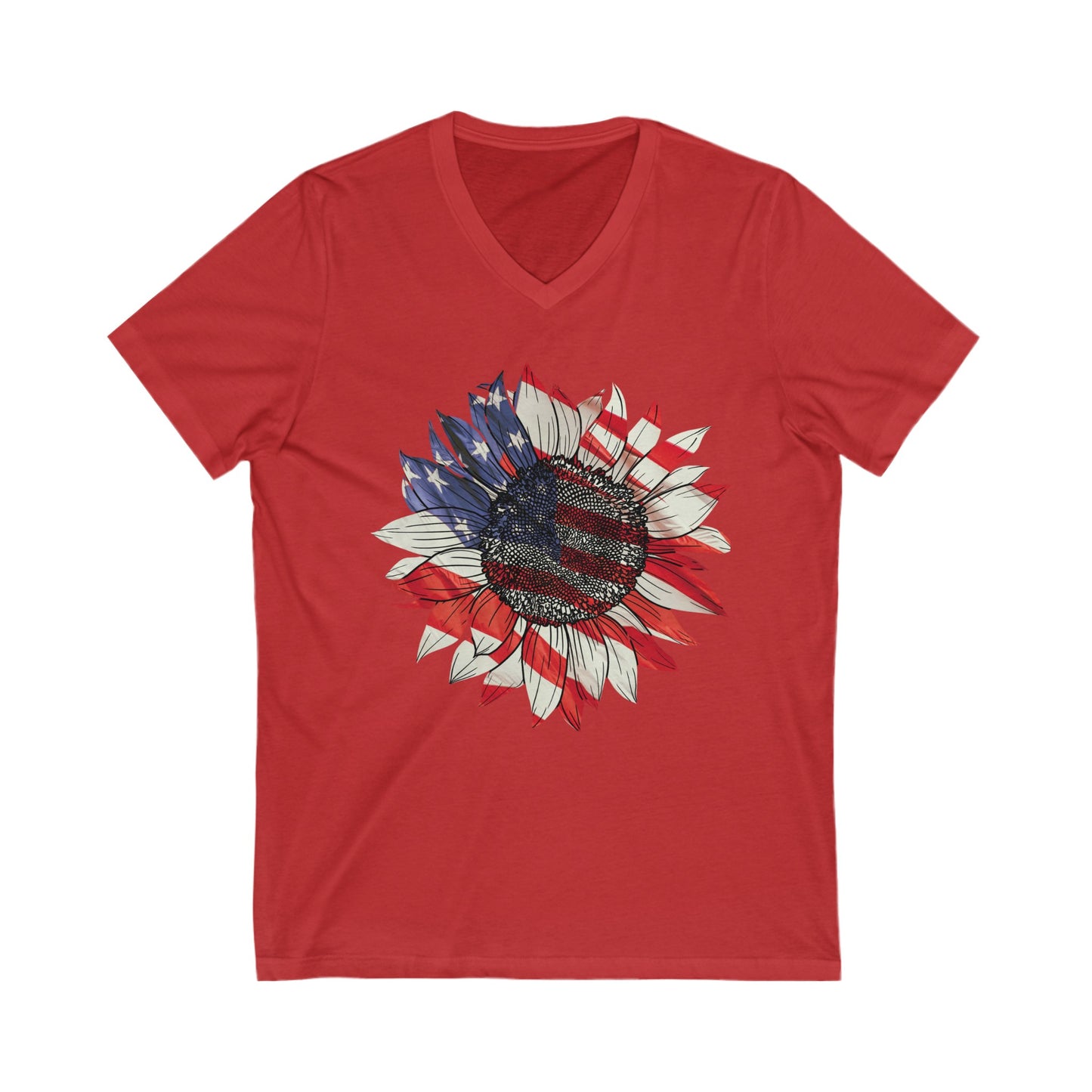 Get trendy with Sunflower American Flag Unisex Jersey Short Sleeve V-Neck Tee - V-neck available at Good Gift Company. Grab yours for $18.18 today!