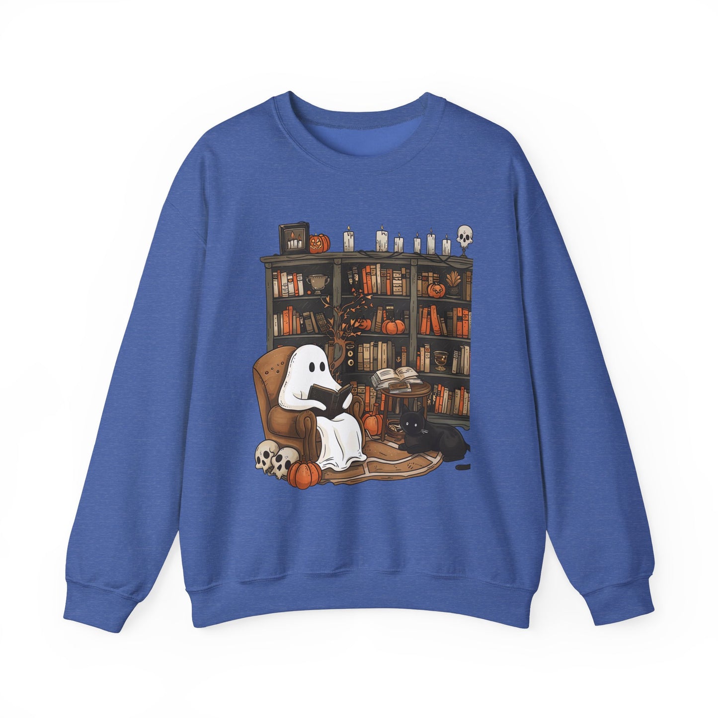 Spooky and Stylish Halloween Sweatshirt: Ghost Reading in a Vintage Bookcase