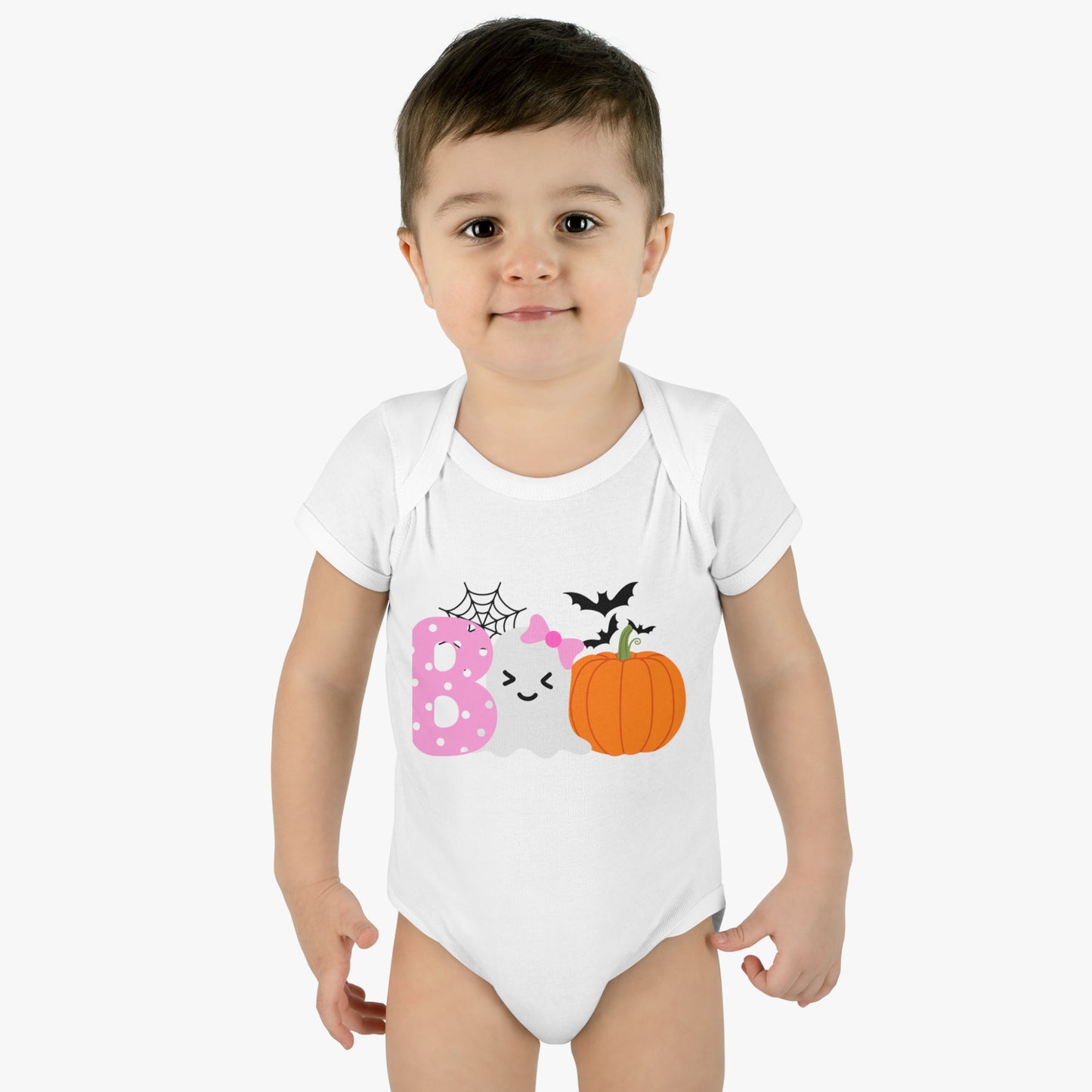 Get trendy with Baby Halloween 'Boo' Onsie with Ghost and Pumpkin Design - Kids clothes available at Good Gift Company. Grab yours for $18.99 today!