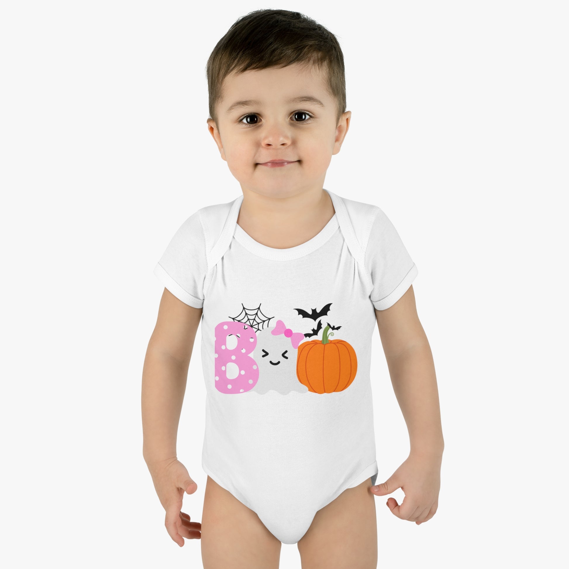 Get trendy with Baby Halloween 'Boo' Onsie with Ghost and Pumpkin Design - Kids clothes available at Good Gift Company. Grab yours for $18.99 today!