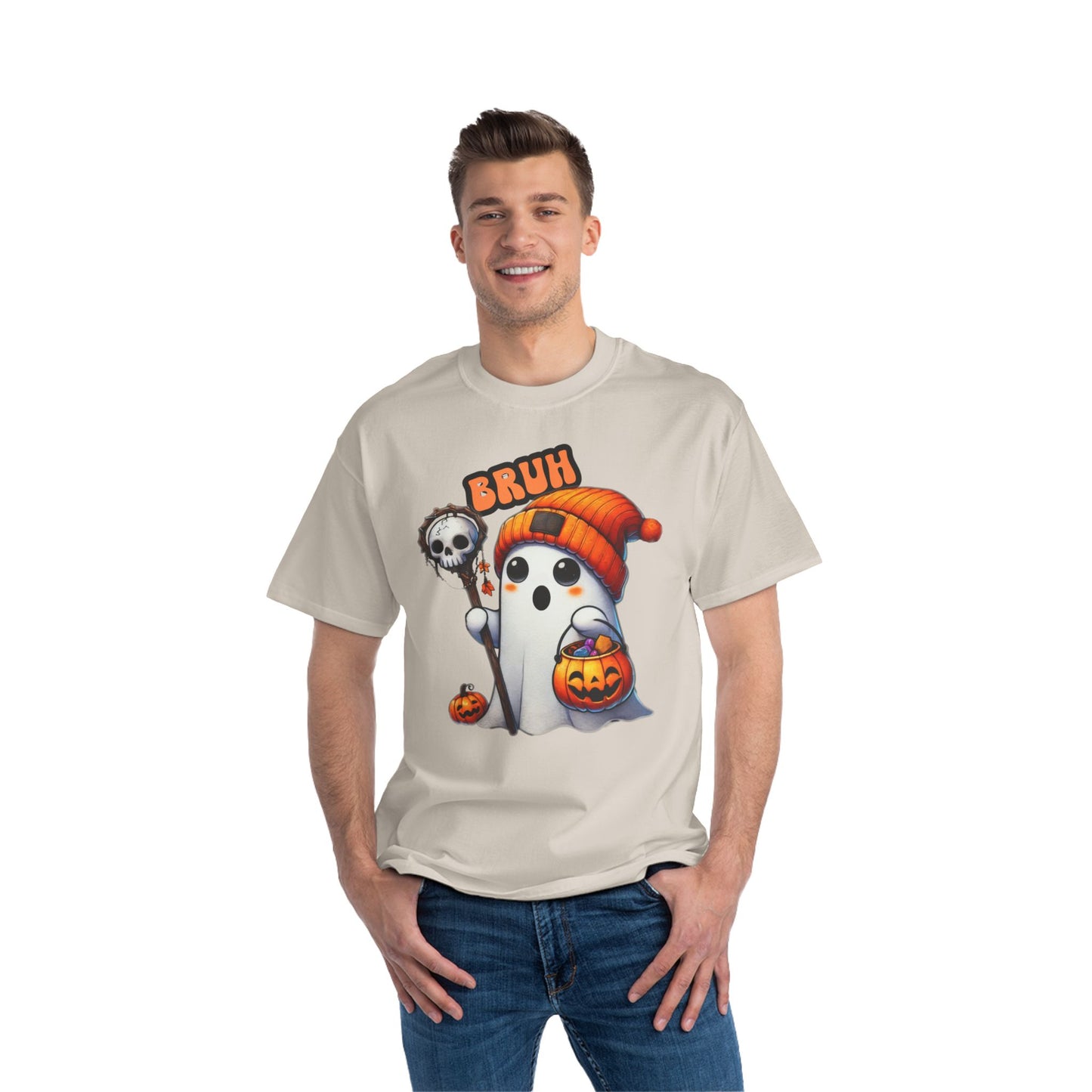 Cute Halloween Over-sized T shirt with 'Bruh' Ghost in Orange Beanie – Perfect for a Playful Fall Look!