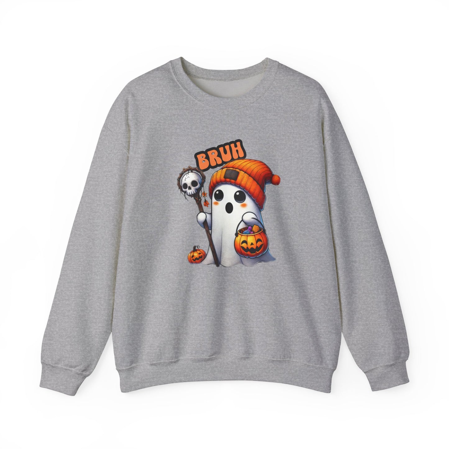 Cute Halloween Sweatshirt with 'Bruh' Ghost in Orange Beanie – Perfect for a Playful Fall Look!