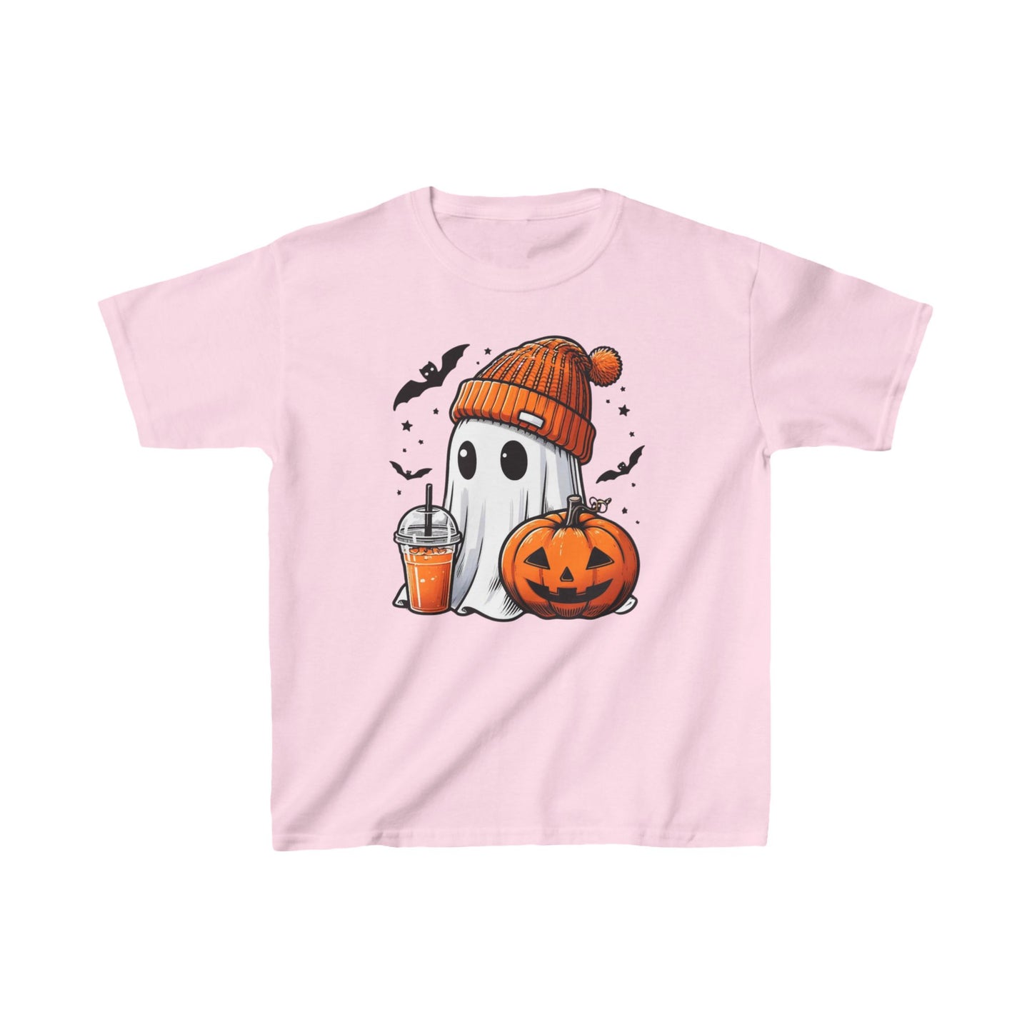 Cute Halloween Ghost T-Shirt for Kids | Orange Beanie & Festive Drink Desi