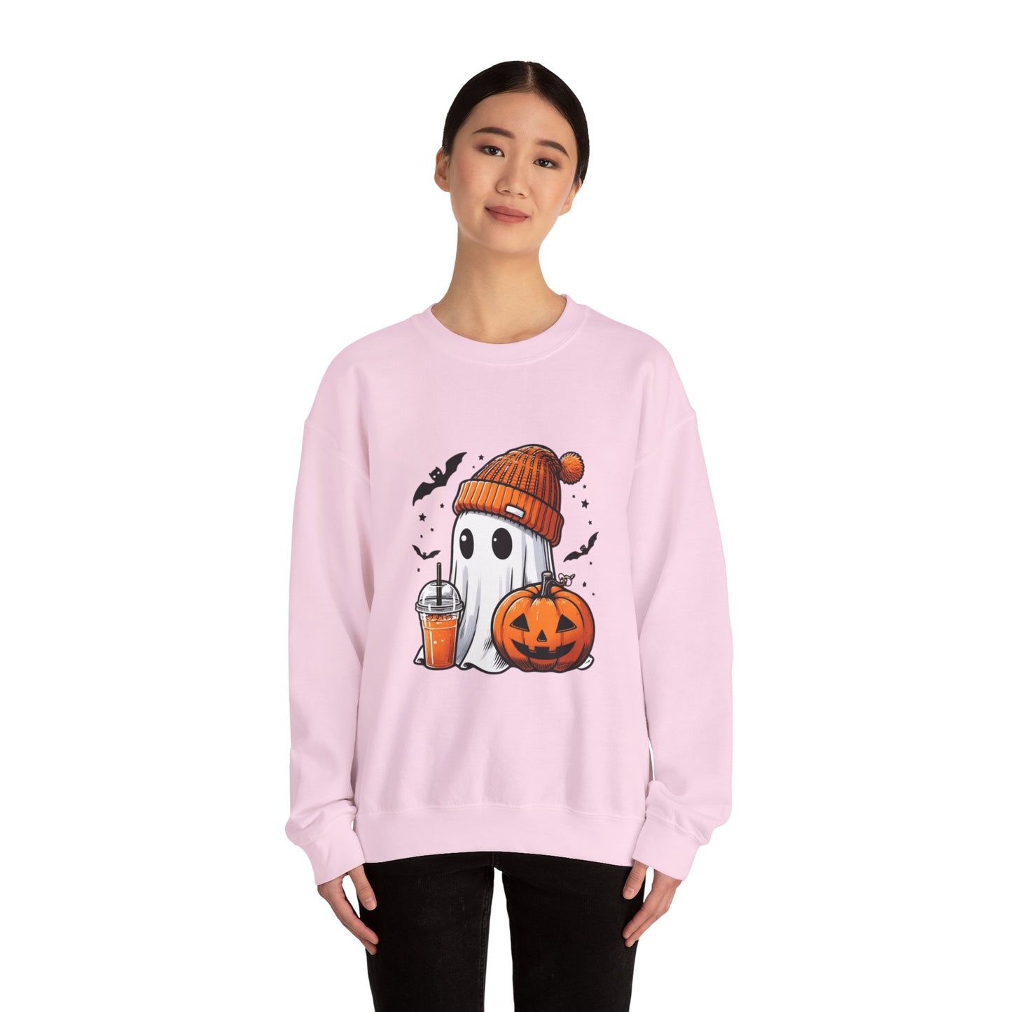 Halloween Sweatshirt with Cute Ghost Design – Cozy Unisex Crewneck for Fall