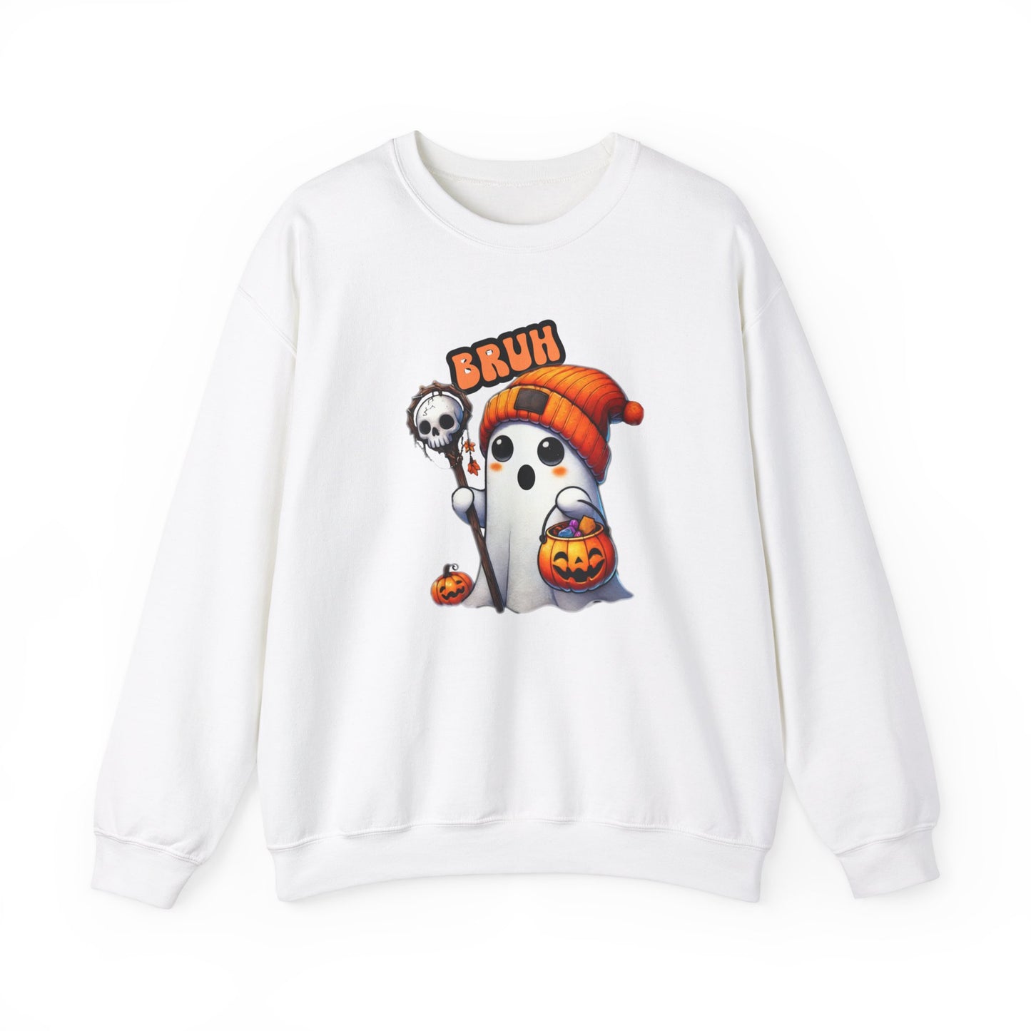 Cute Halloween Sweatshirt with 'Bruh' Ghost in Orange Beanie – Perfect for a Playful Fall Look!