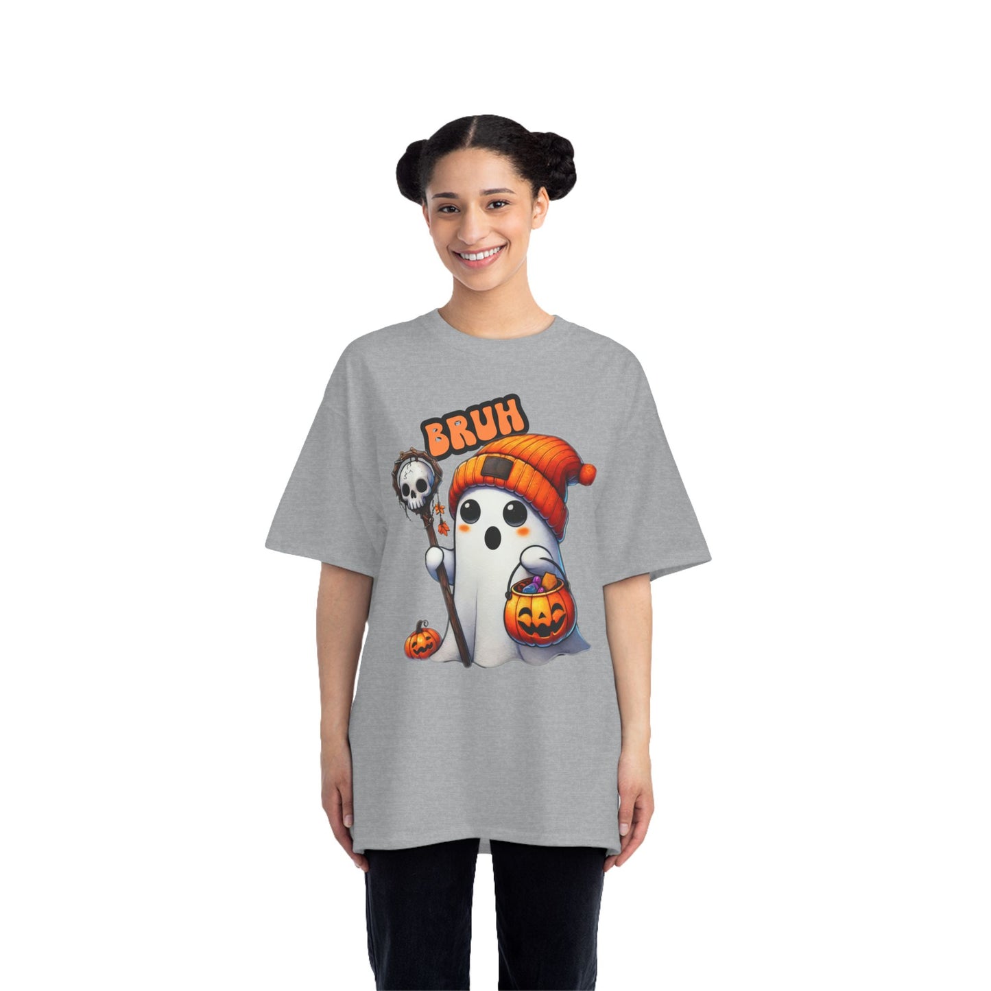 Cute Halloween Over-sized T shirt with 'Bruh' Ghost in Orange Beanie – Perfect for a Playful Fall Look!