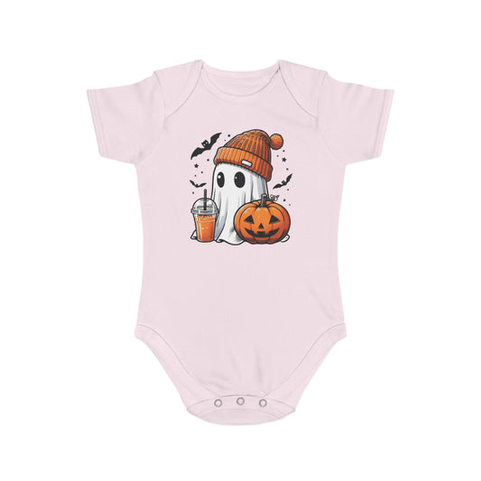 Get trendy with Cute Halloween Baby Onesie | Ghost with Orange Beanie & Festive Drink Design - Kids clothes available at Good Gift Company. Grab yours for $20.95 today!