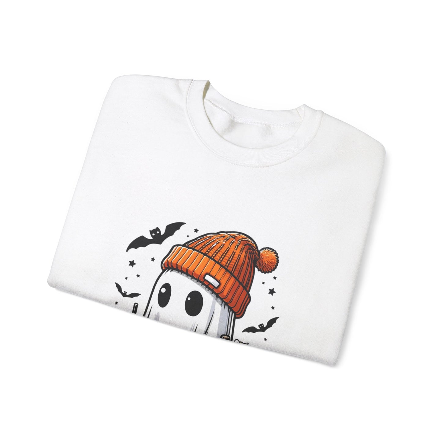 Halloween Sweatshirt with Cute Ghost Design – Cozy Unisex Crewneck for Fall