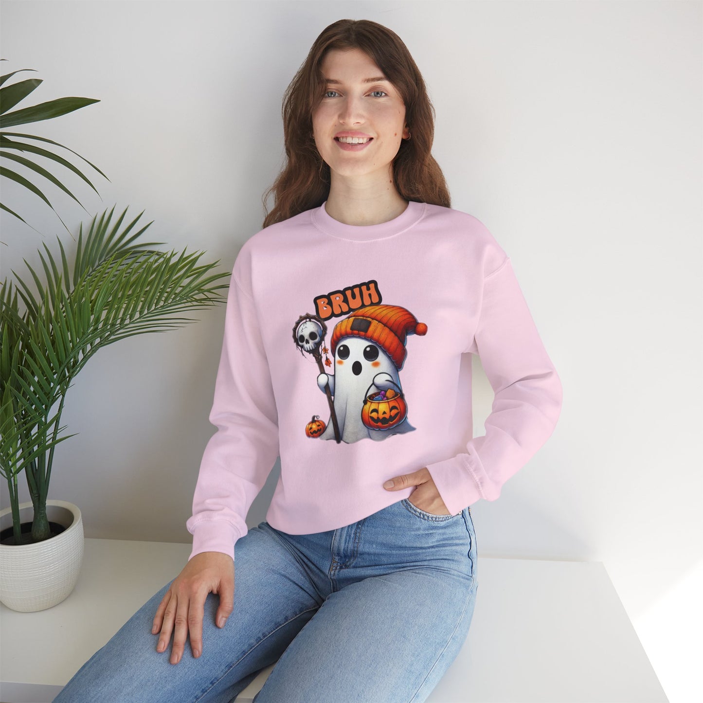 Cute Halloween Sweatshirt with 'Bruh' Ghost in Orange Beanie – Perfect for a Playful Fall Look!