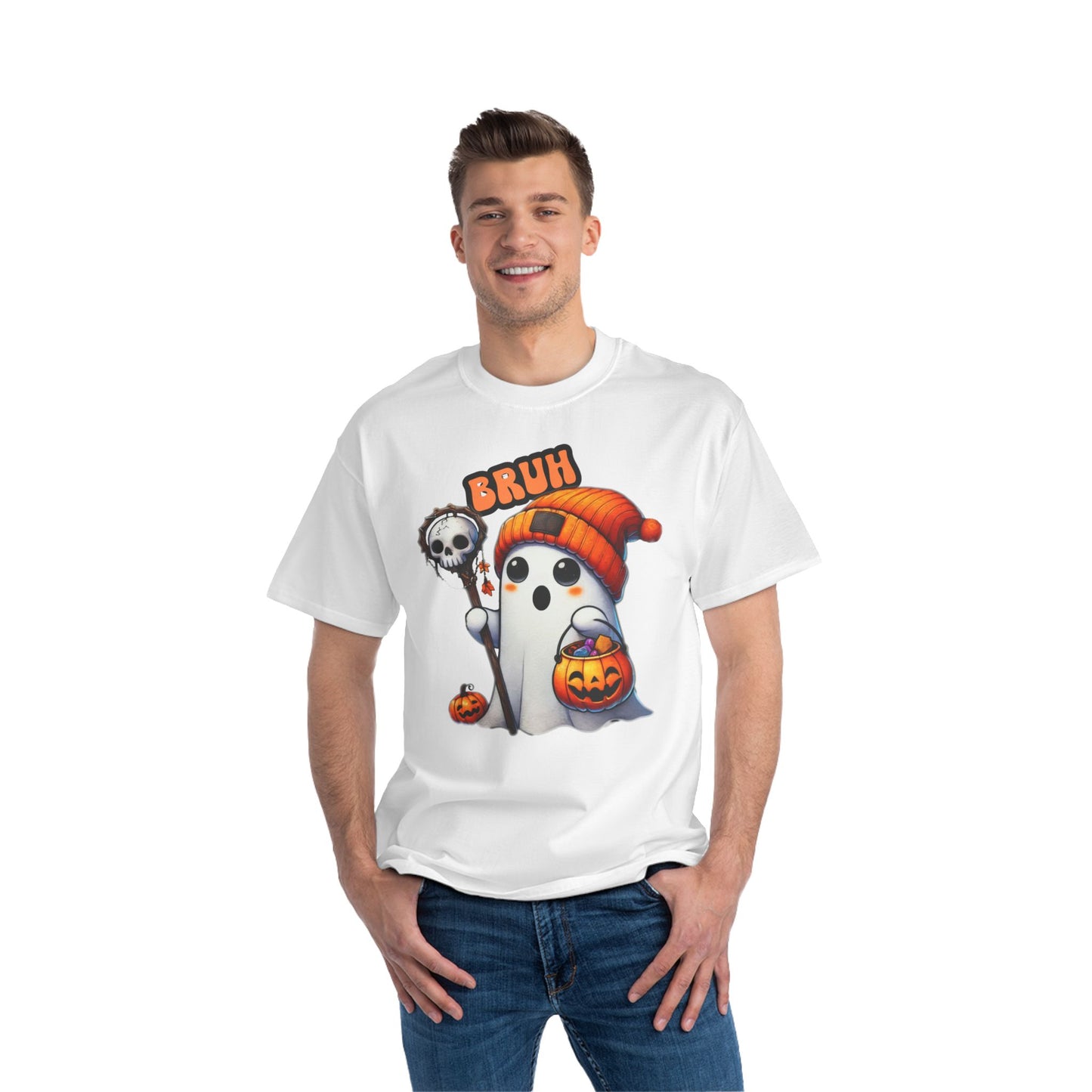 Cute Halloween Over-sized T shirt with 'Bruh' Ghost in Orange Beanie – Perfect for a Playful Fall Look!