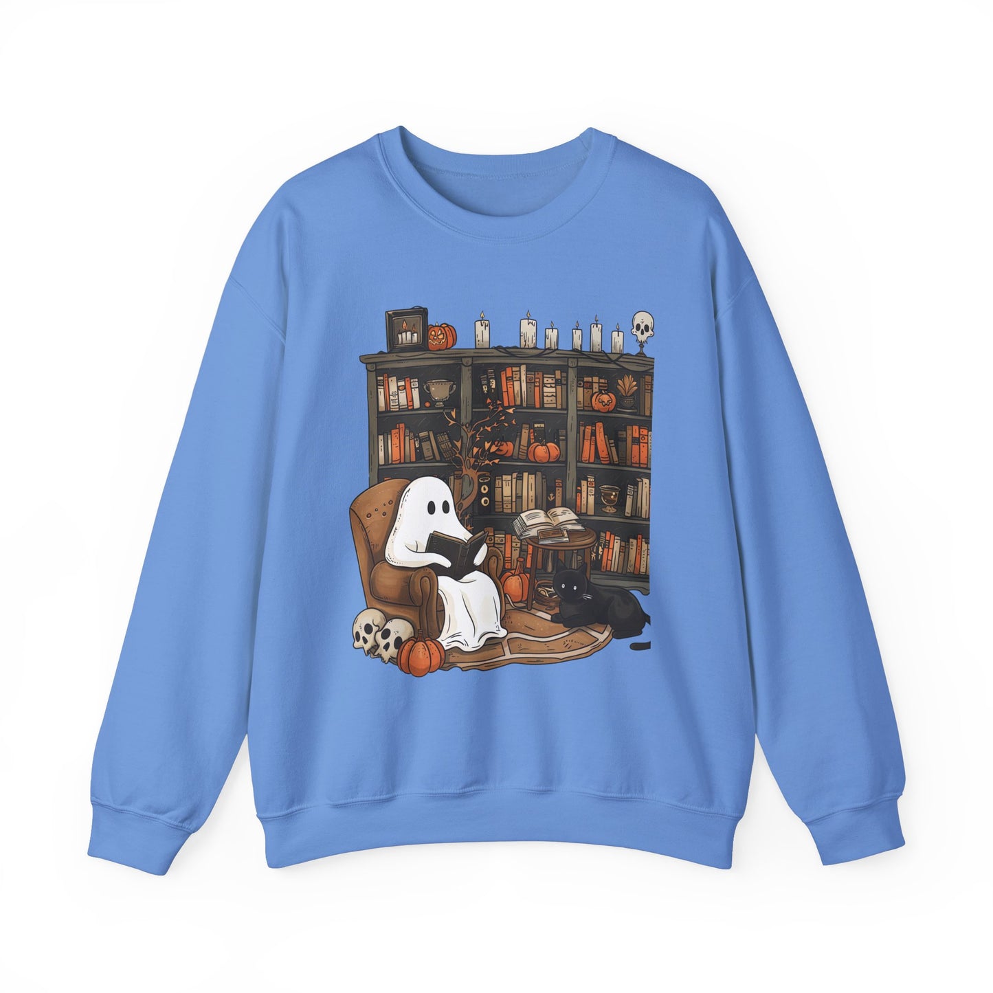 Spooky and Stylish Halloween Sweatshirt: Ghost Reading in a Vintage Bookcase