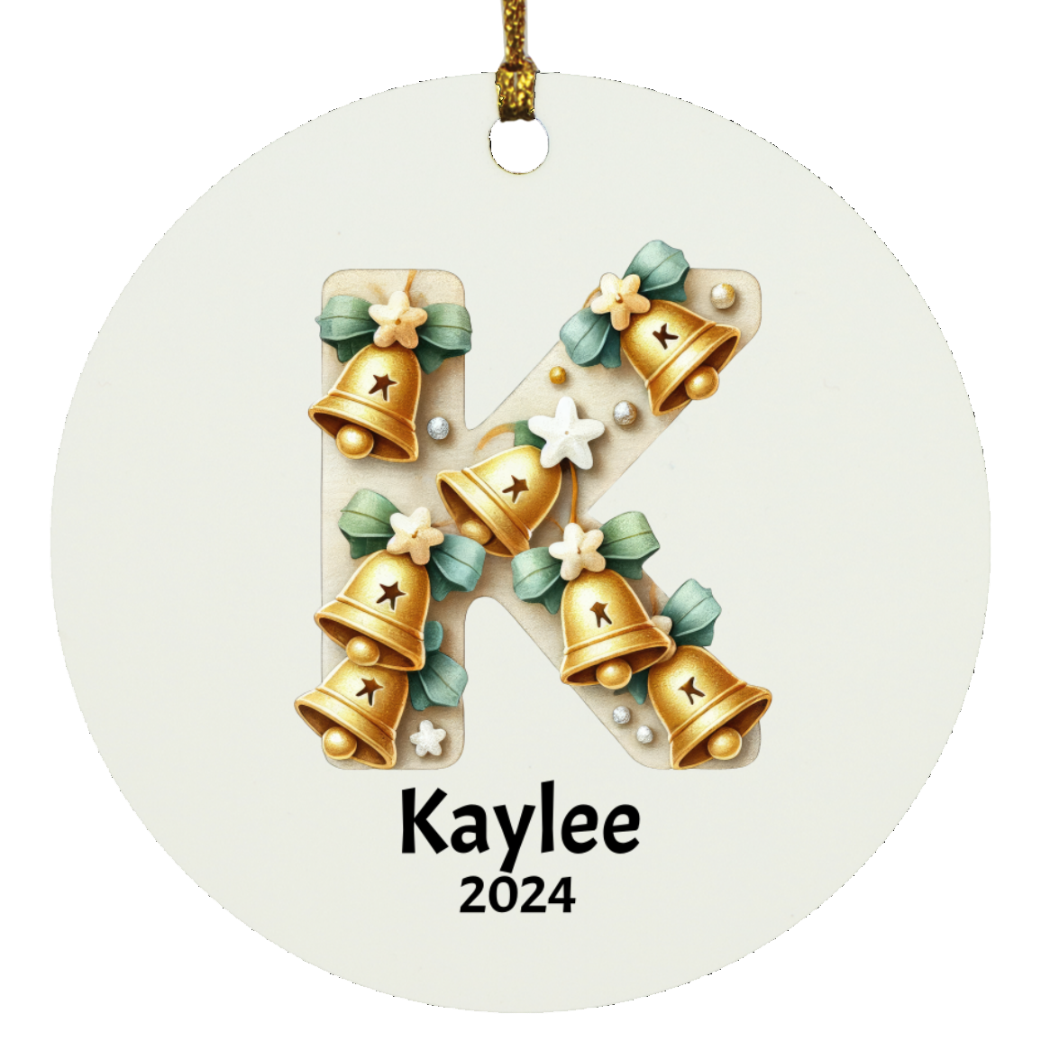 Christmas| Personalized Ceramic Christmas Ornament – Initial & Name Adorned with Festive Christmas Bells