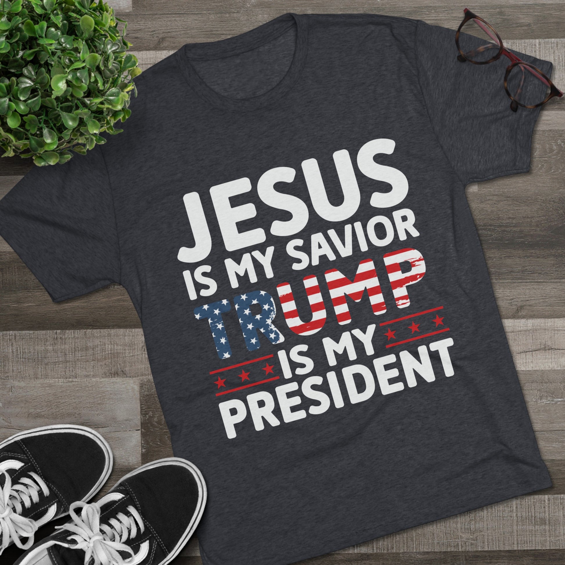 Get trendy with Jesus is My Savior, Trump is my President Unisex Tri-Blend Crew Tee - T-Shirt available at Good Gift Company. Grab yours for $21.88 today!