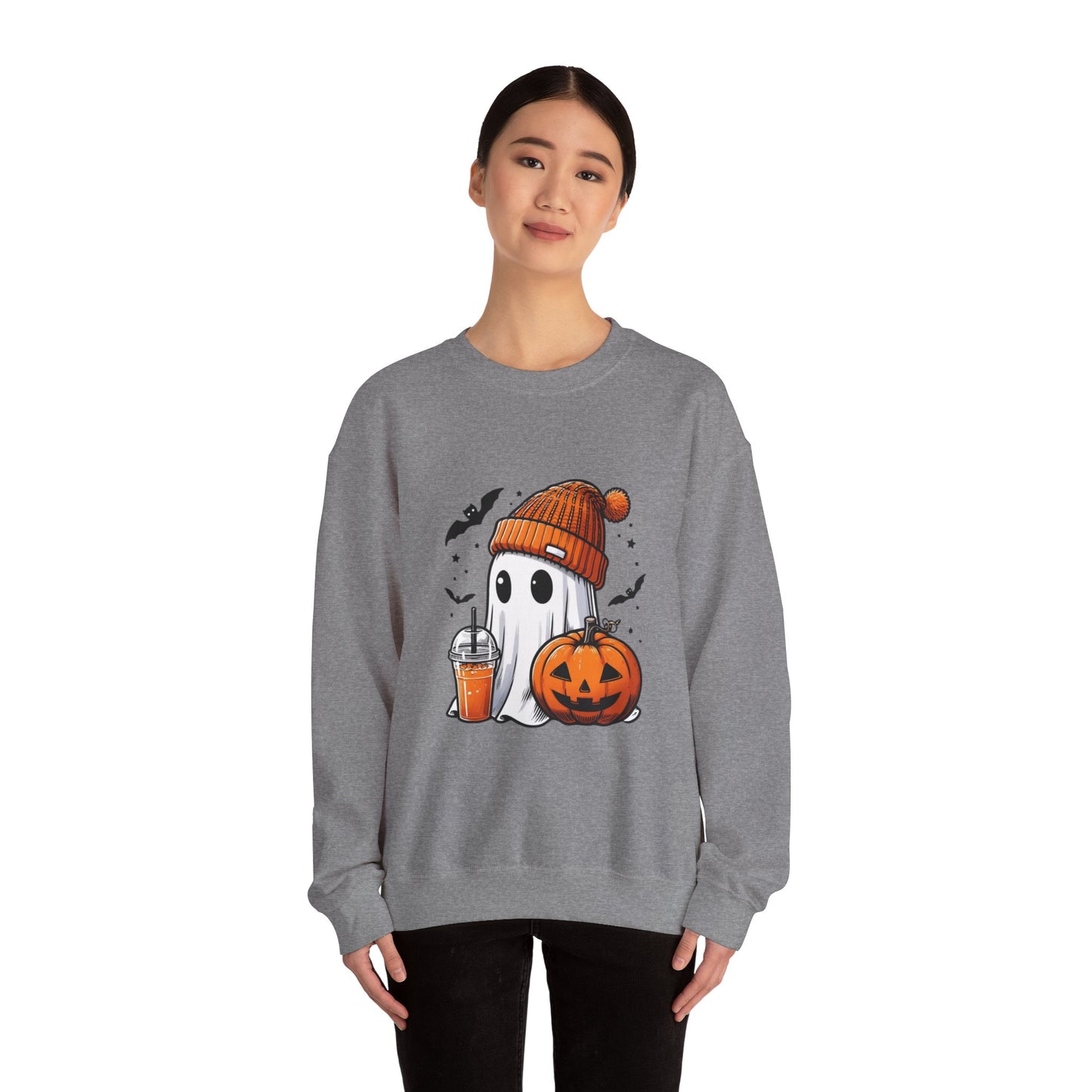 Halloween Sweatshirt with Cute Ghost Design – Cozy Unisex Crewneck for Fall