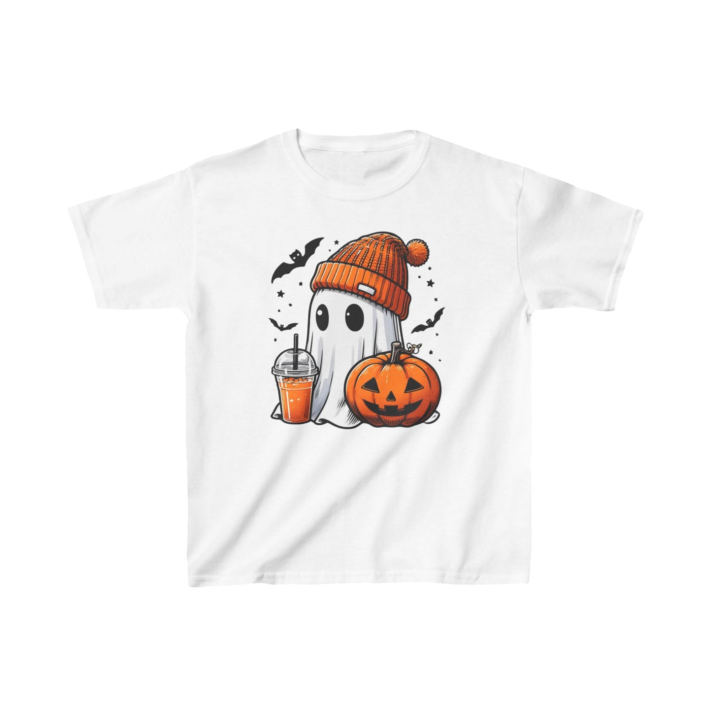 Cute Halloween Ghost T-Shirt for Kids | Orange Beanie & Festive Drink Desi