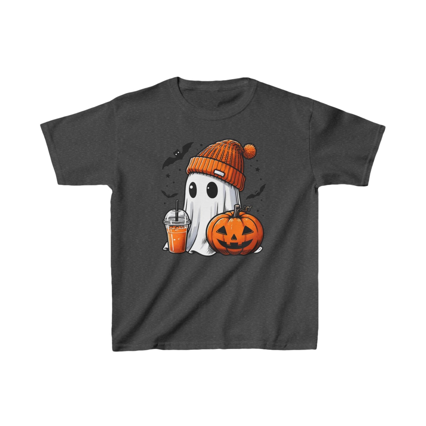 Cute Halloween Ghost T-Shirt for Kids | Orange Beanie & Festive Drink Desi