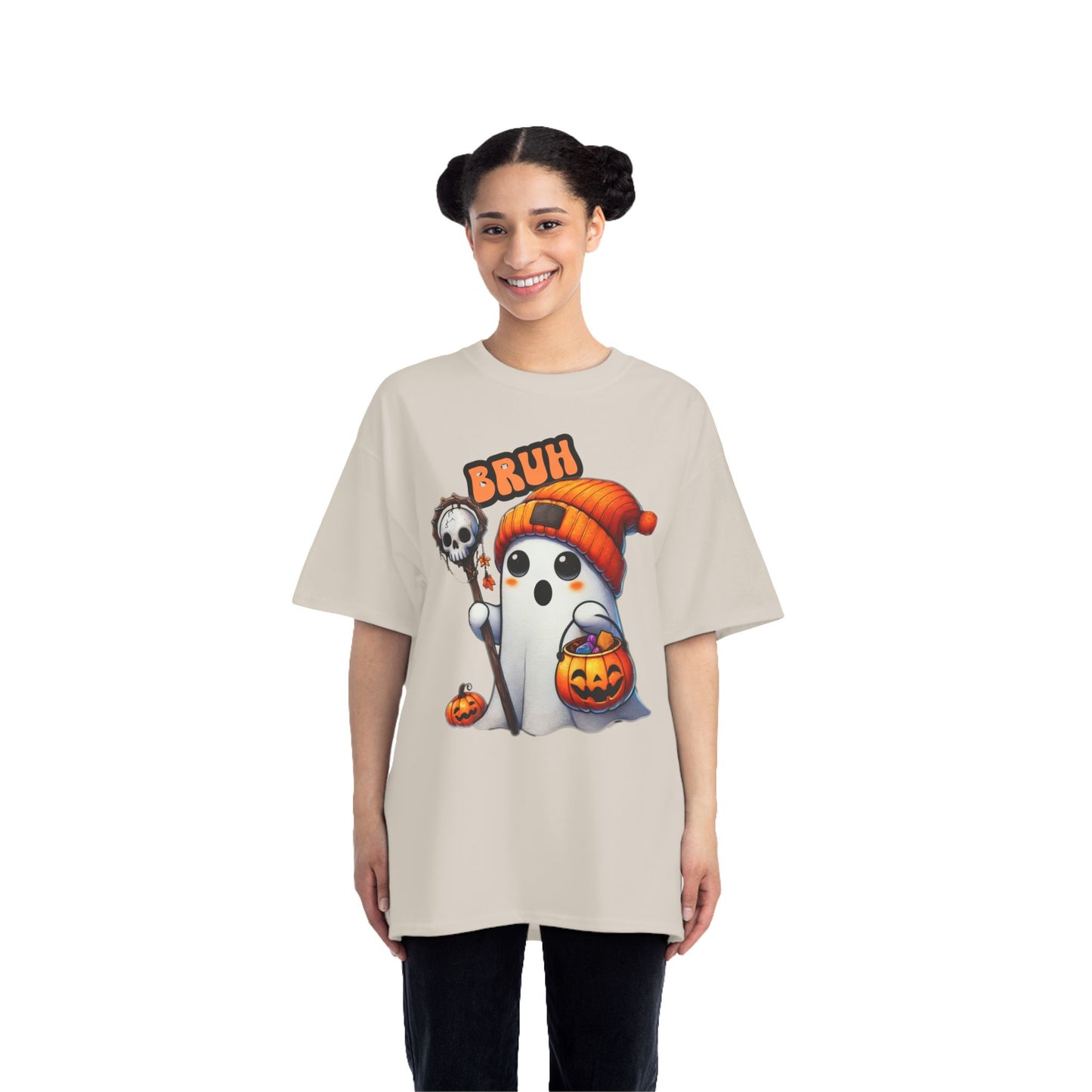 Cute Halloween Over-sized T shirt with 'Bruh' Ghost in Orange Beanie – Perfect for a Playful Fall Look!