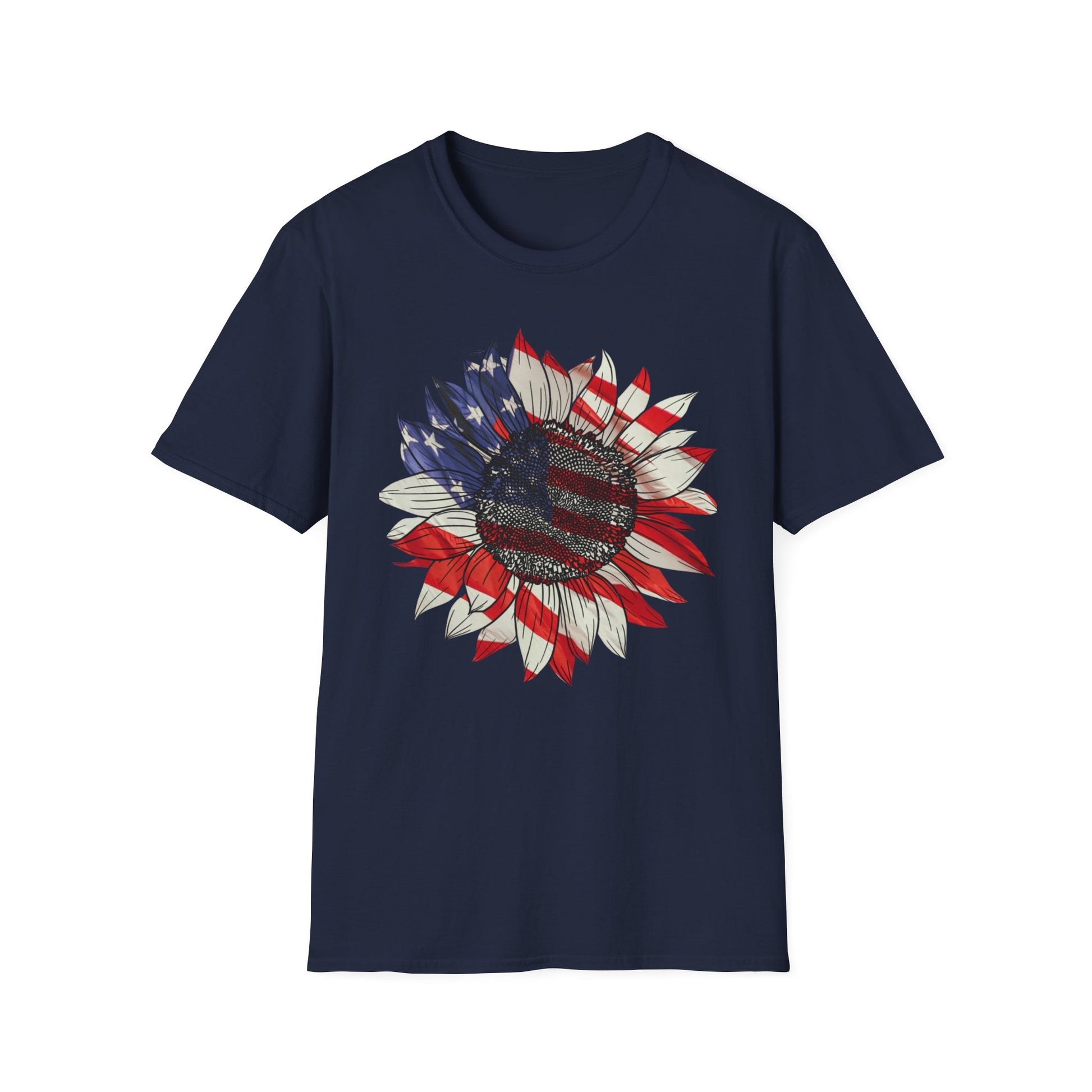 Get trendy with Sunflower American Flag Unisex Softstyle T-Shirt - T-Shirt available at Good Gift Company. Grab yours for $14.99 today!