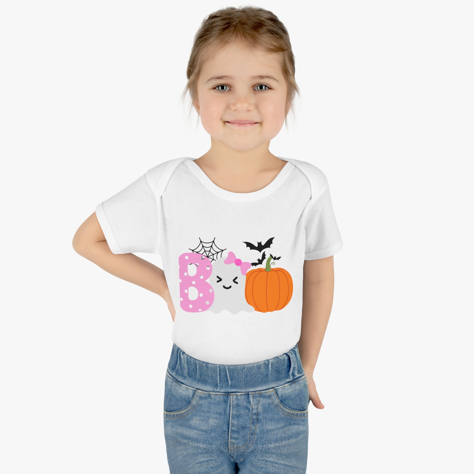 Get trendy with Baby Halloween 'Boo' Onsie with Ghost and Pumpkin Design - Kids clothes available at Good Gift Company. Grab yours for $18.99 today!