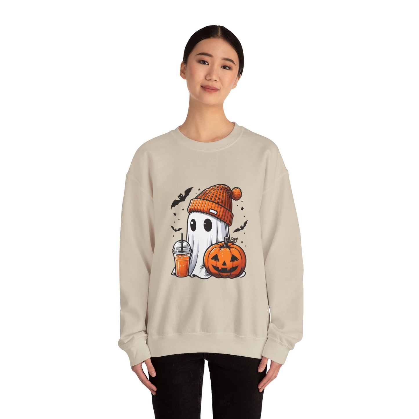 Halloween Sweatshirt with Cute Ghost Design – Cozy Unisex Crewneck for Fall