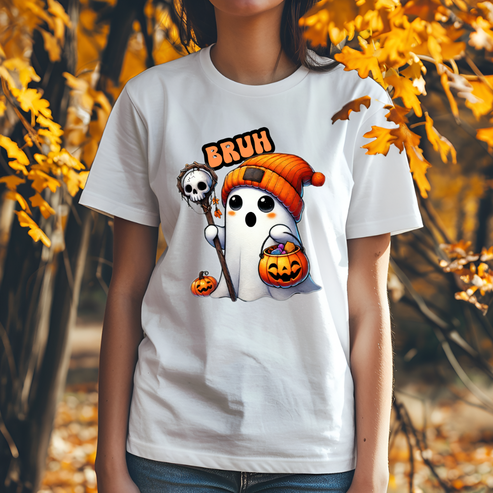 Get trendy with "Bruh!" Halloween T-Shirt – Cute Ghost with Orange Beanie -  available at Good Gift Company. Grab yours for $19.99 today!