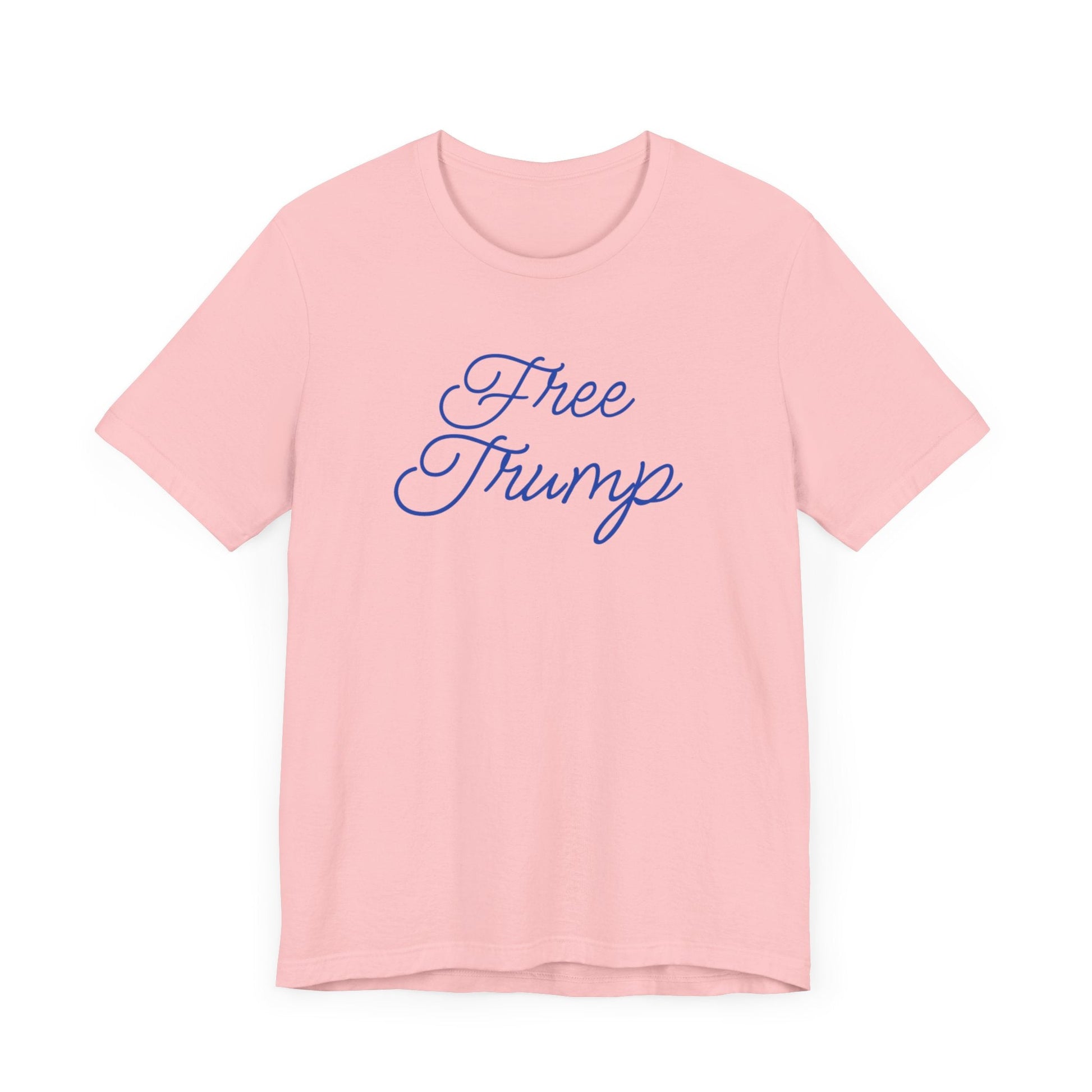 Get trendy with "Free Trump"  Unisex Jersey Short Sleeve Tee (Blue cursive text) - T-Shirt available at Good Gift Company. Grab yours for $16 today!