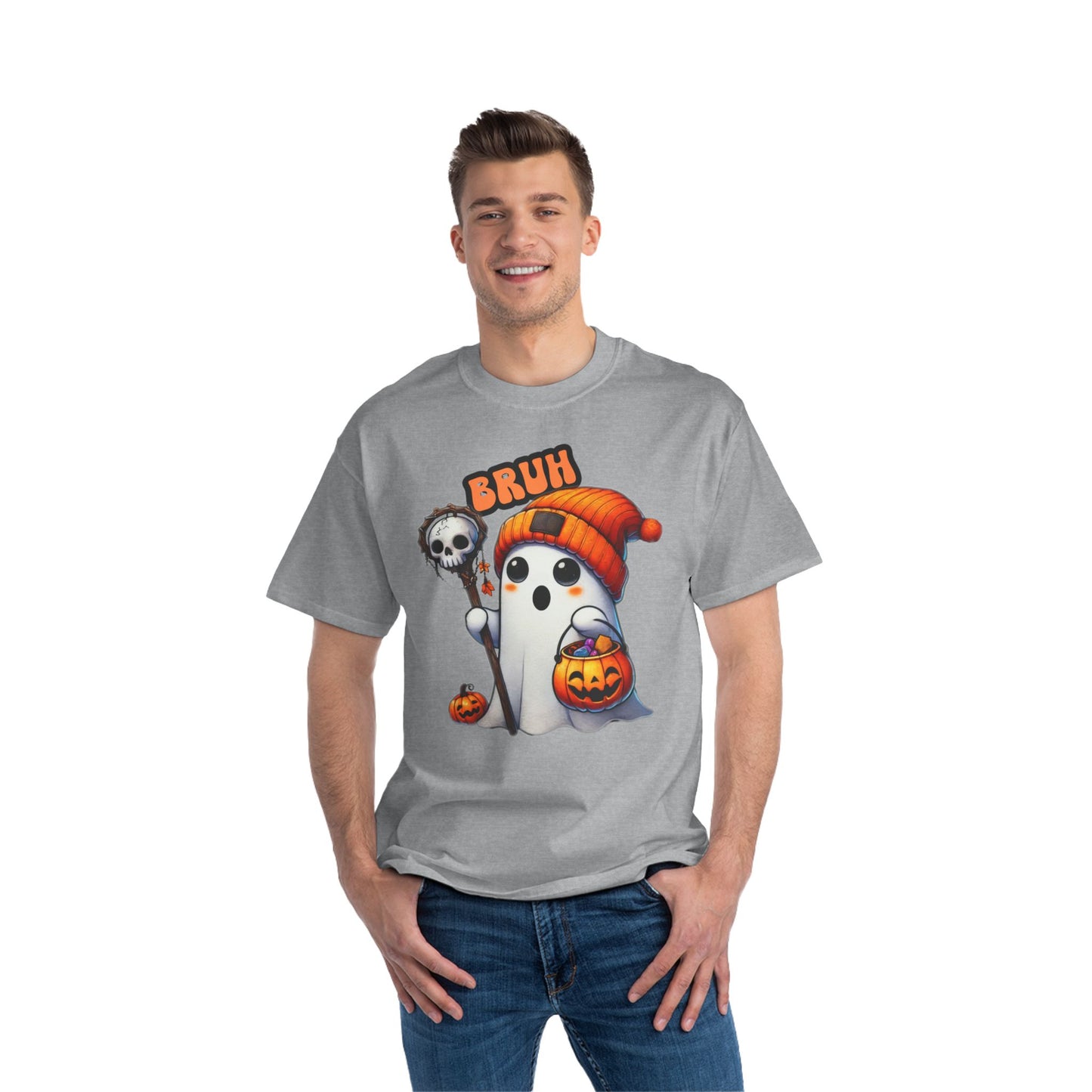 Cute Halloween Over-sized T shirt with 'Bruh' Ghost in Orange Beanie – Perfect for a Playful Fall Look!