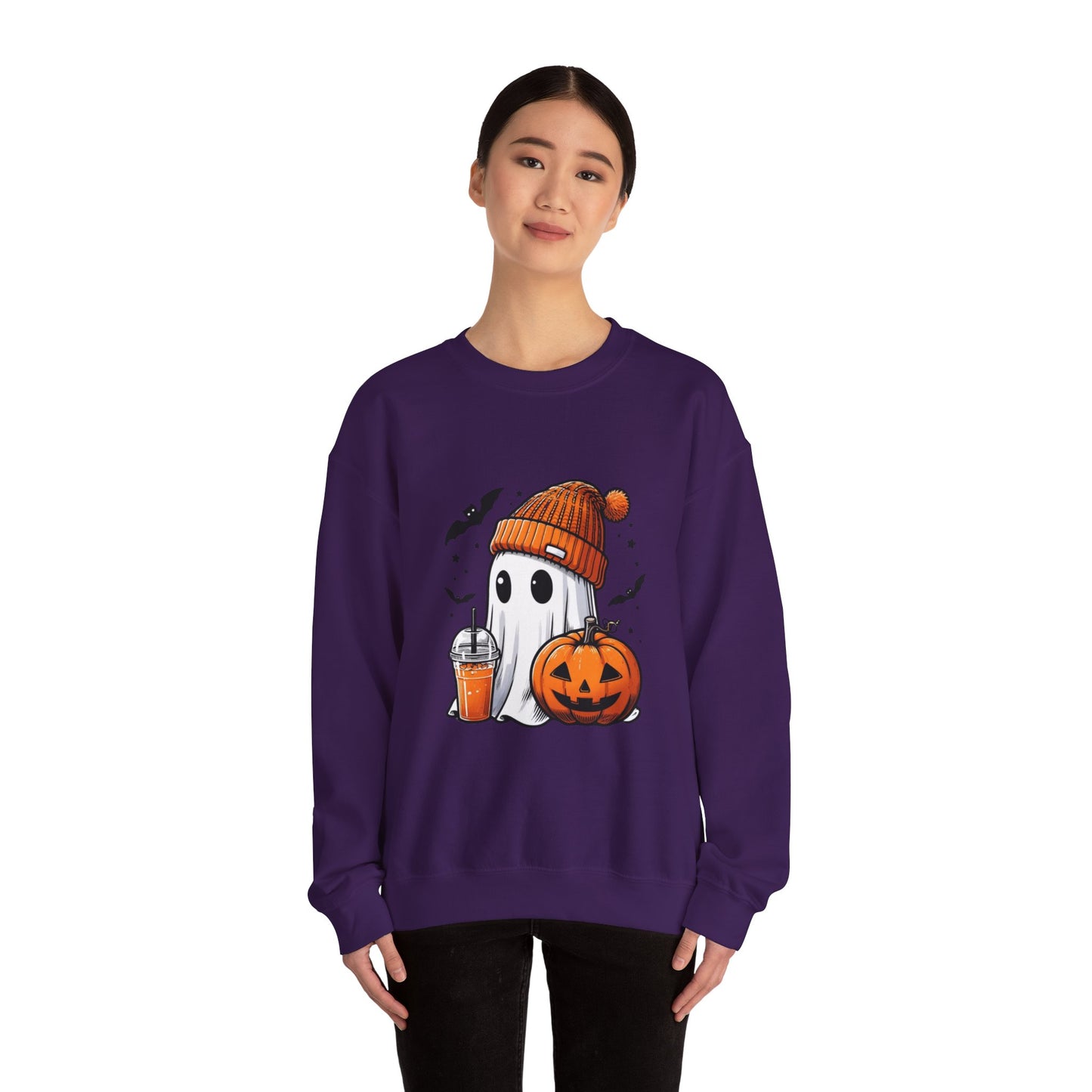 Halloween Sweatshirt with Cute Ghost Design – Cozy Unisex Crewneck for Fall