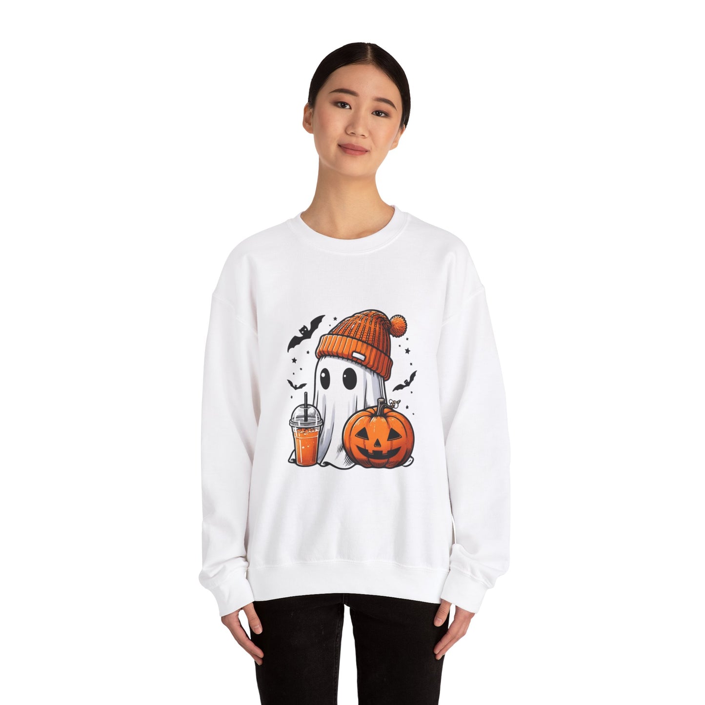 Halloween Sweatshirt with Cute Ghost Design – Cozy Unisex Crewneck for Fall