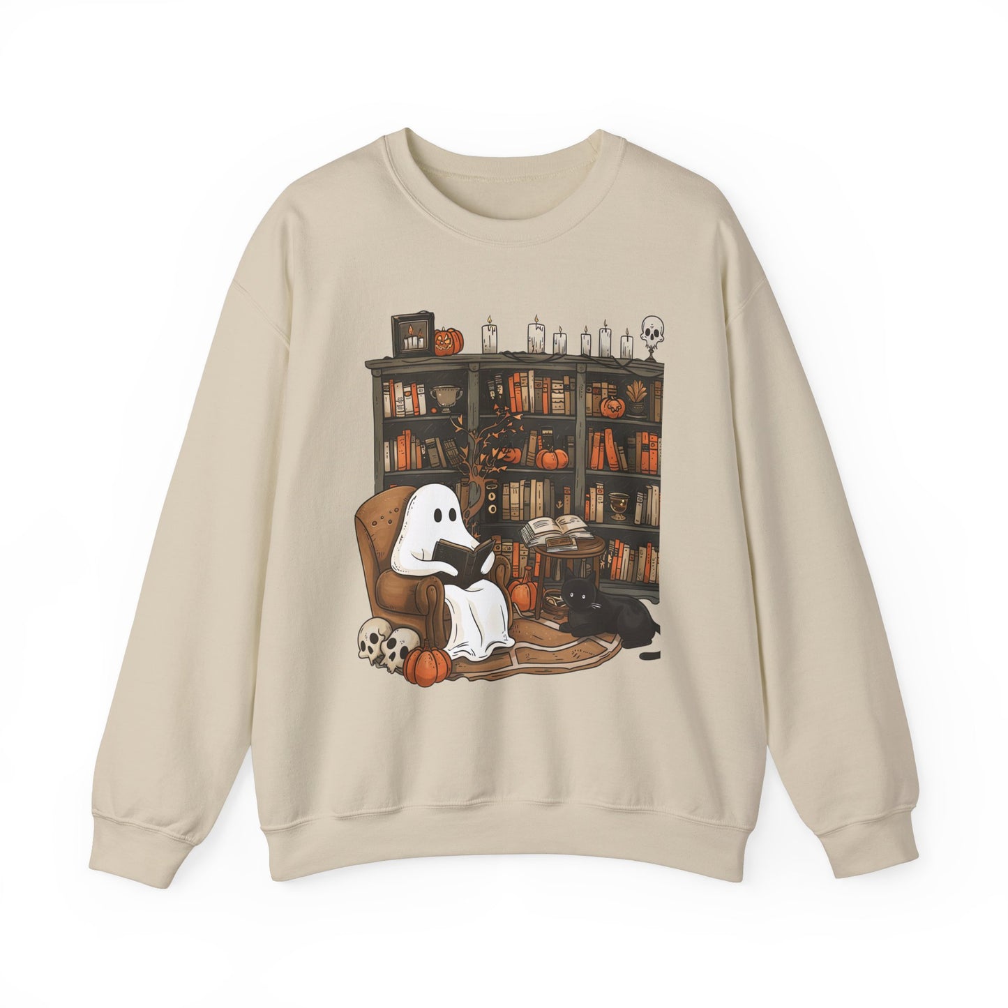 Spooky and Stylish Halloween Sweatshirt: Ghost Reading in a Vintage Bookcase