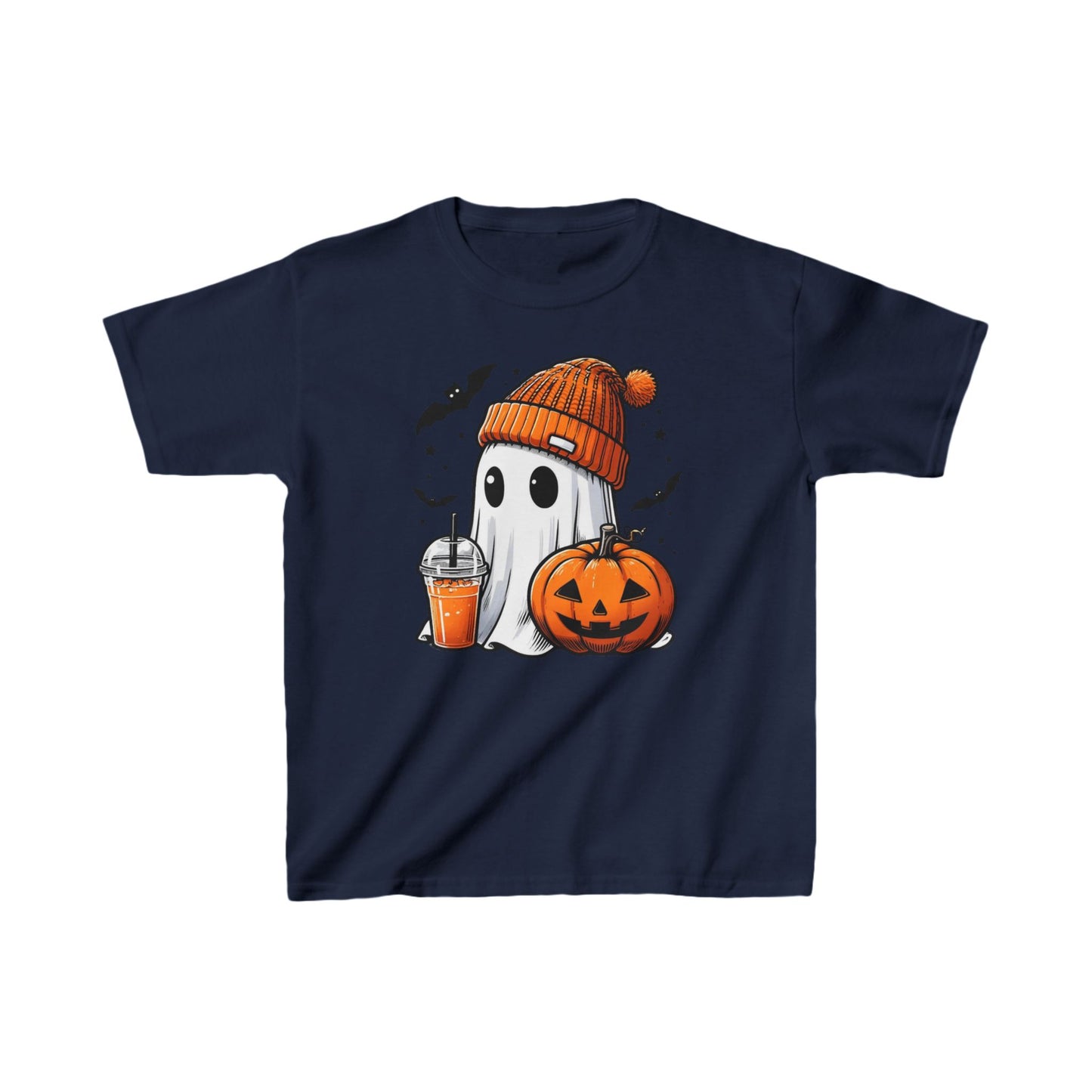 Halloween| Cute Halloween Ghost T-Shirt for Kids | Orange Beanie & Festive Drink Desi