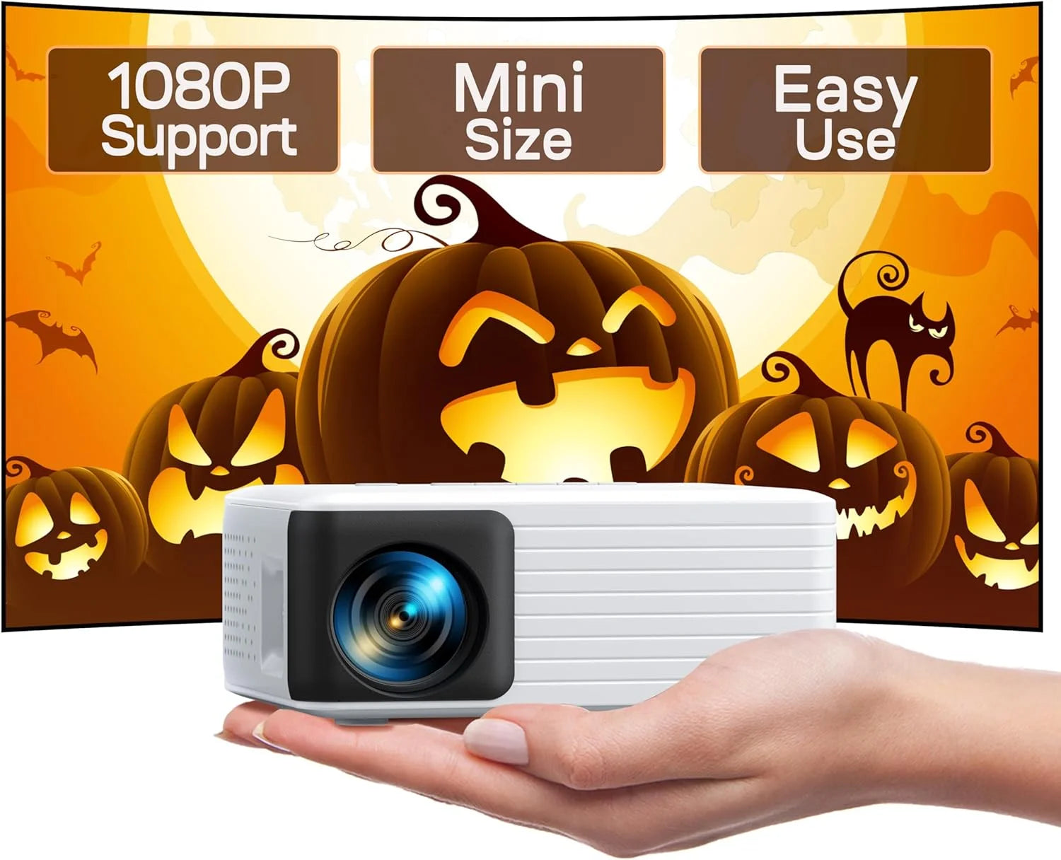 Mini Projector with Wifi & Bluetooth, Full HD 1080P Support, LCD, White, 1 Pack