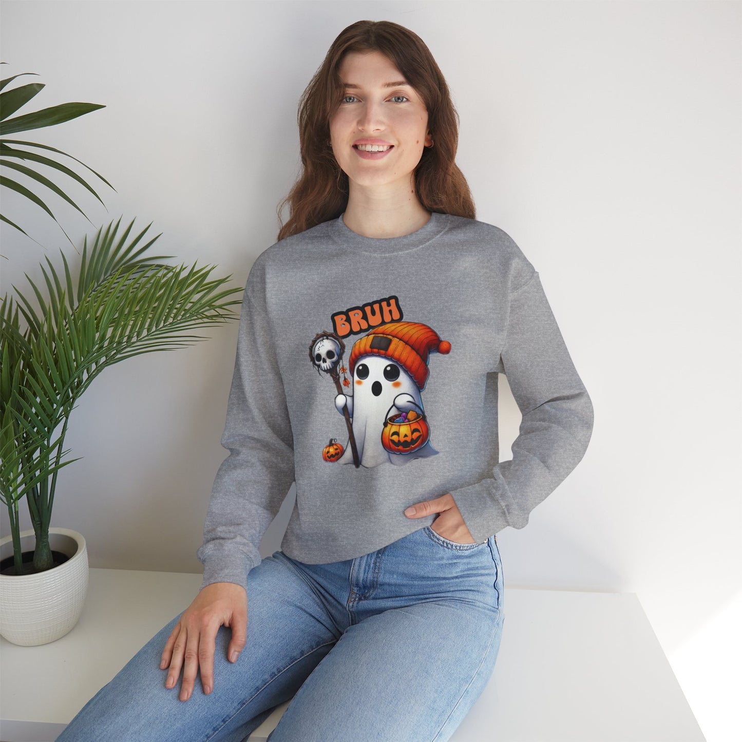 Cute Halloween Sweatshirt with 'Bruh' Ghost in Orange Beanie – Perfect for a Playful Fall Look!