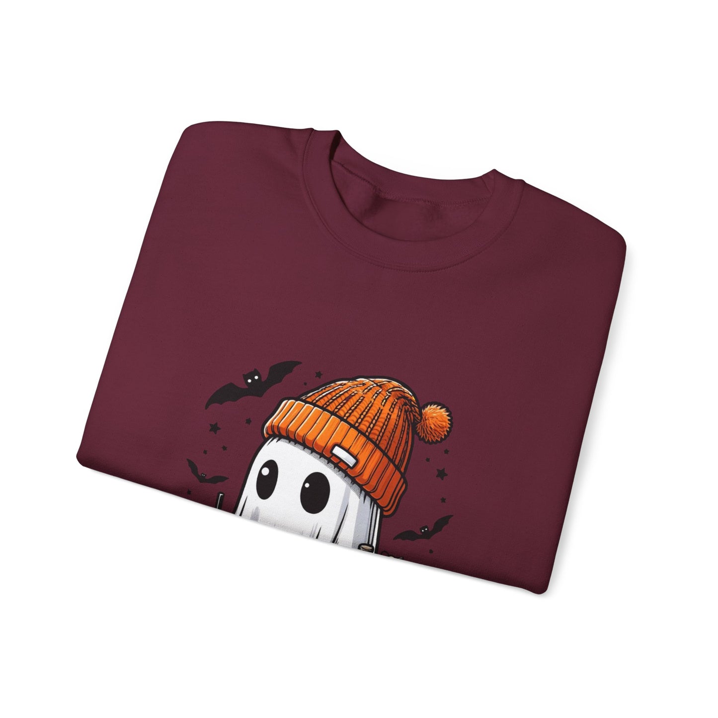 Halloween Sweatshirt with Cute Ghost Design – Cozy Unisex Crewneck for Fall