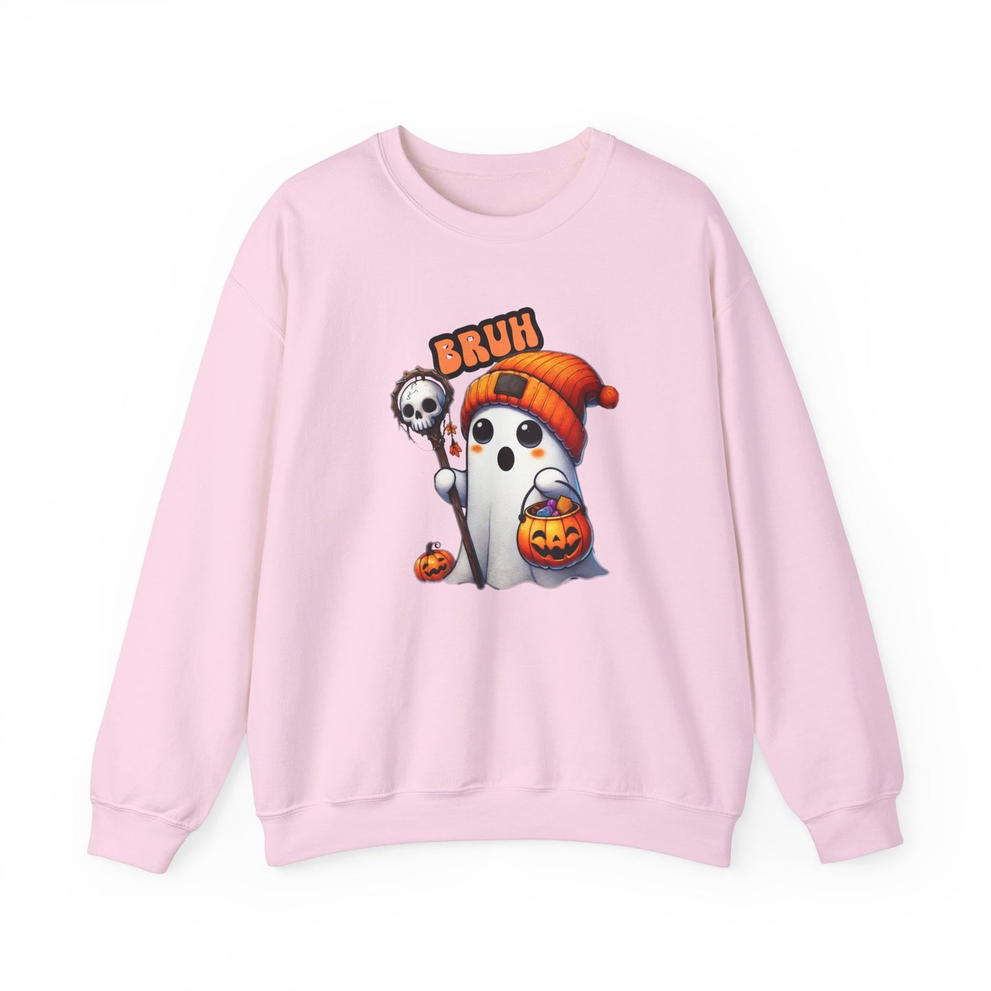 Cute Halloween Sweatshirt with 'Bruh' Ghost in Orange Beanie – Perfect for a Playful Fall Look!