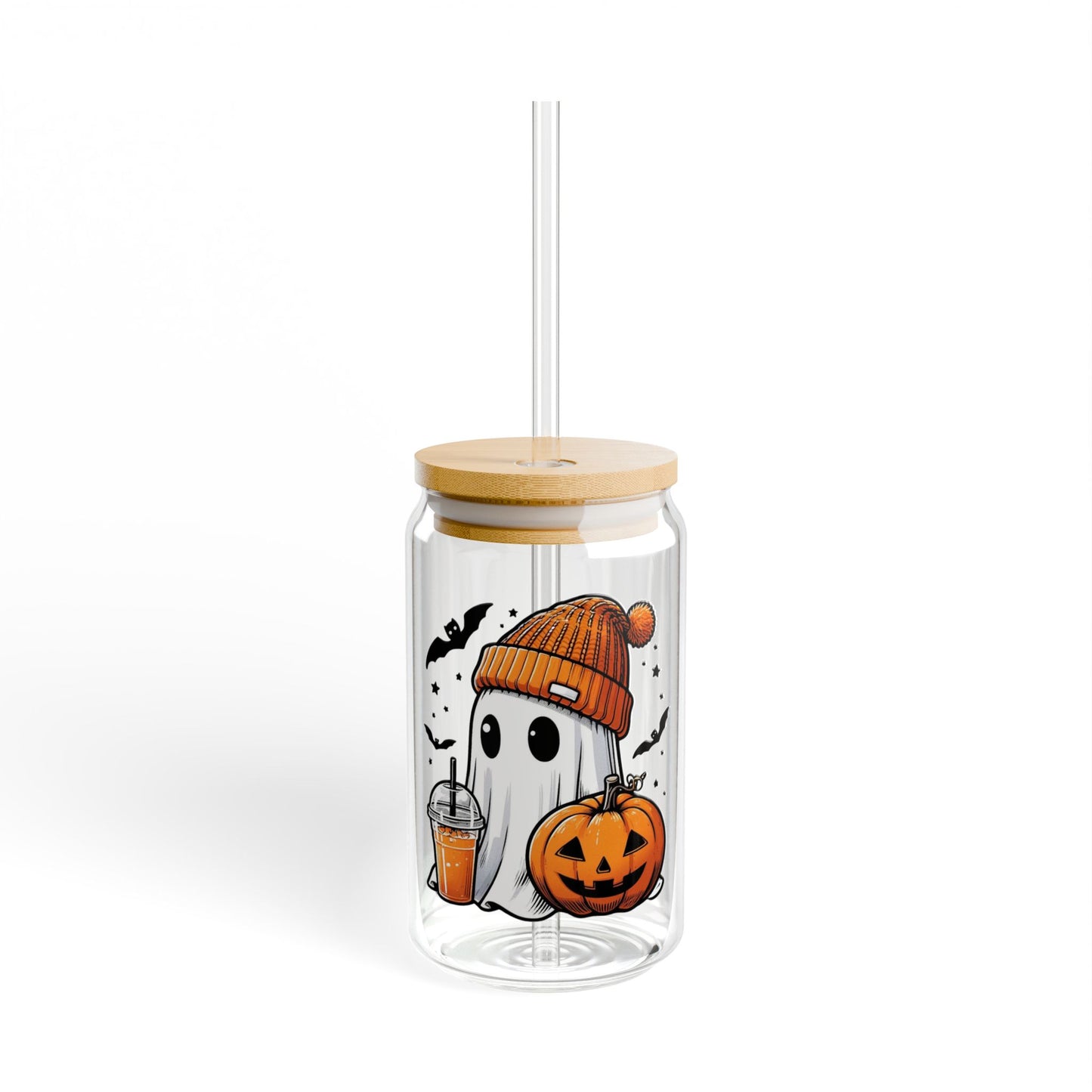 Spooky Halloween 16oz Glass Sipper – Festive Ghost Design with Orange Beanie