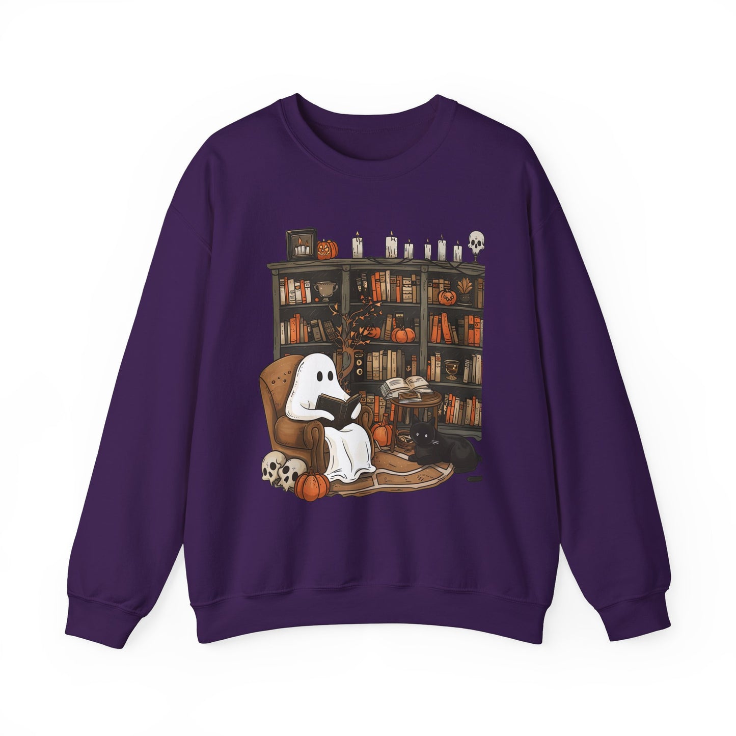 Spooky and Stylish Halloween Sweatshirt: Ghost Reading in a Vintage Bookcase