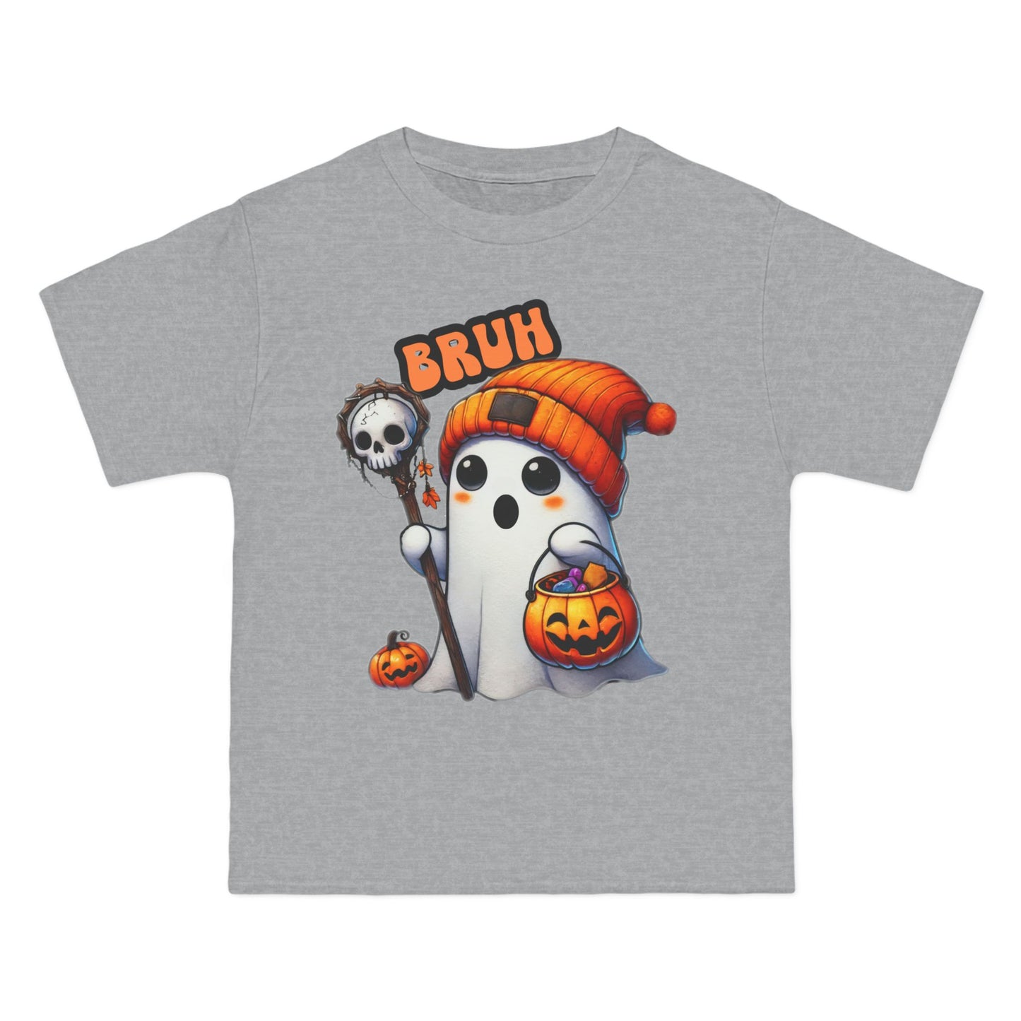 Cute Halloween Over-sized T shirt with 'Bruh' Ghost in Orange Beanie – Perfect for a Playful Fall Look!