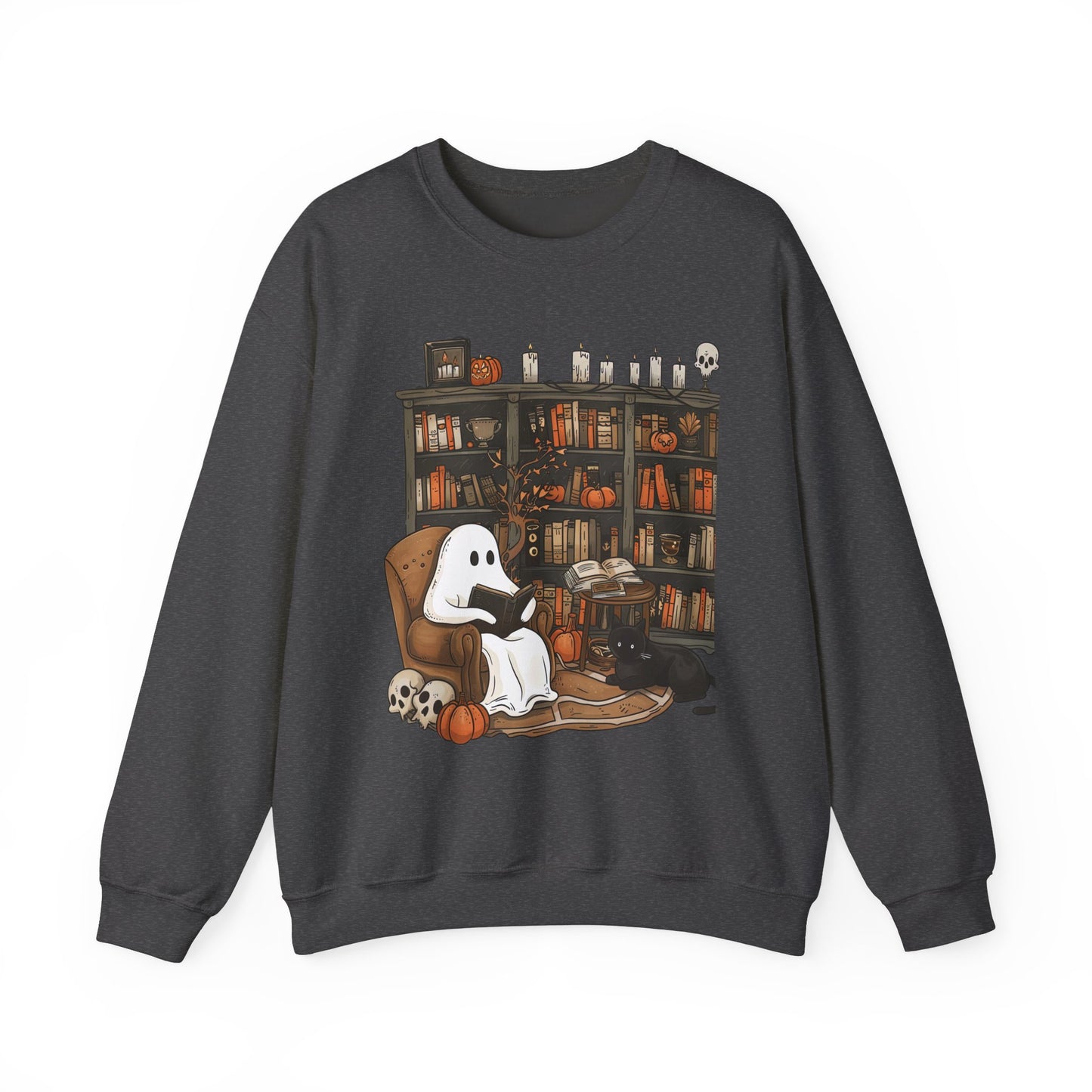 Spooky and Stylish Halloween Sweatshirt: Ghost Reading in a Vintage Bookcase