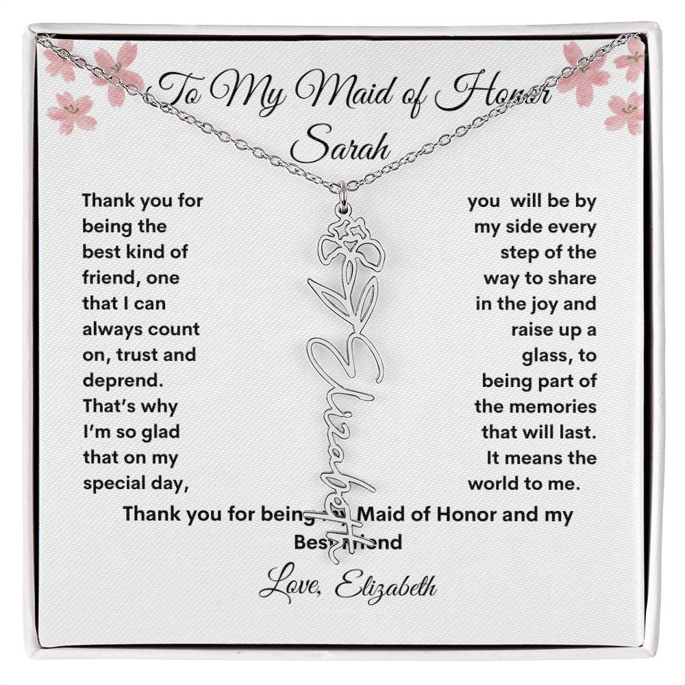 Get trendy with Elegant Birth Flower Name necklace Maid of Honor Thank you Gift -  available at Good Gift Company. Grab yours for $39.95 today!